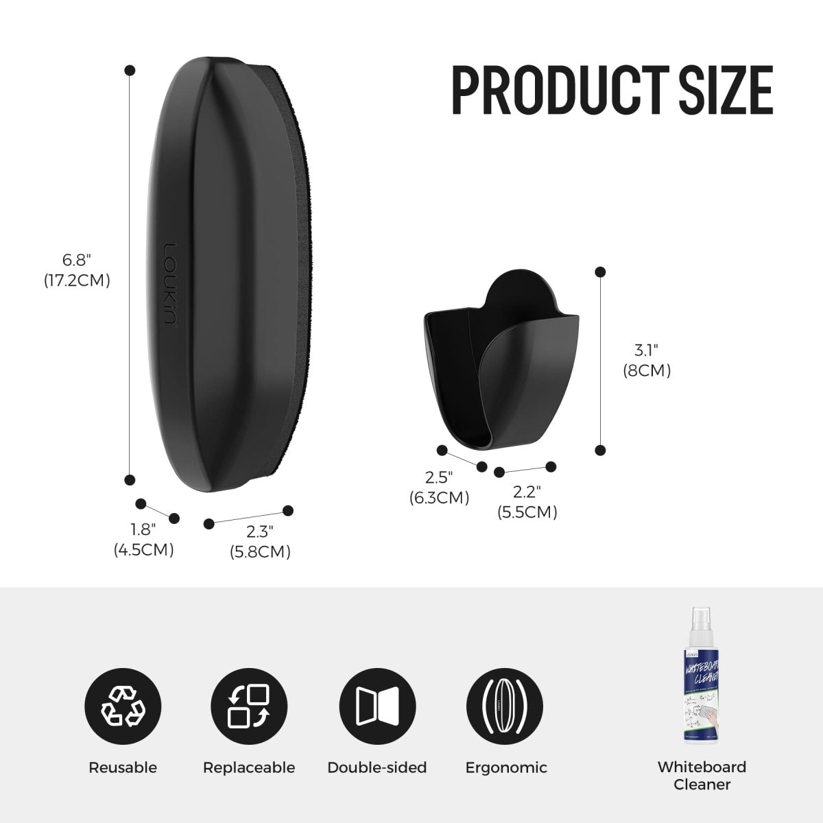 loukin Double-Sided Whiteboard Eraser (Black) product dimensions and features. The image displays the dimensions of the main eraser and its holder. Key features highlighted are: Reusable, Replaceable, Double-sided, and Ergonomic, along with an image of the complimentary Whiteboard Cleaner spray bottle.