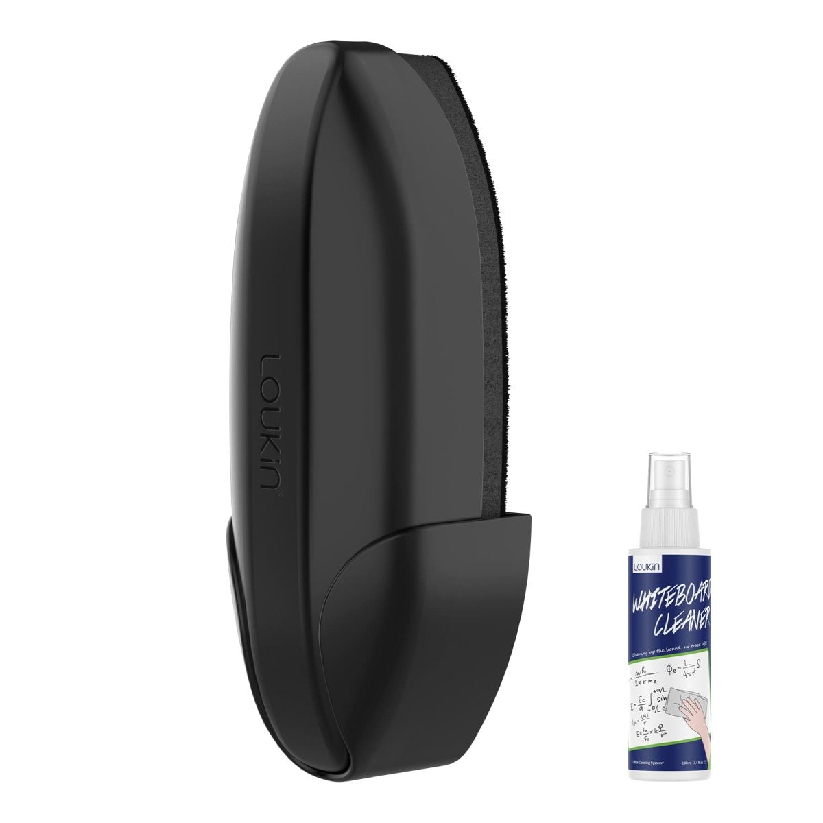 Main product image of the black loukin Double-Sided Whiteboard Eraser. The large, ergonomic black eraser is shown with its magnetic holder, positioned next to a smaller complimentary bottle of Whiteboard Cleaner. The eraser features a gray cleaning surface and a sleek, contoured design.