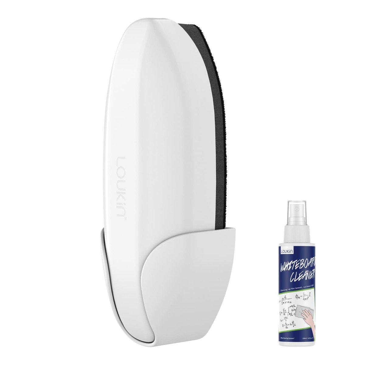 Main product image of the white loukin Double-Sided Whiteboard Eraser. The large, ergonomic white eraser is shown with its magnetic holder, positioned next to a smaller complimentary bottle of Whiteboard Cleaner. The eraser features a black/gray cleaning surface and a sleek, contoured design.