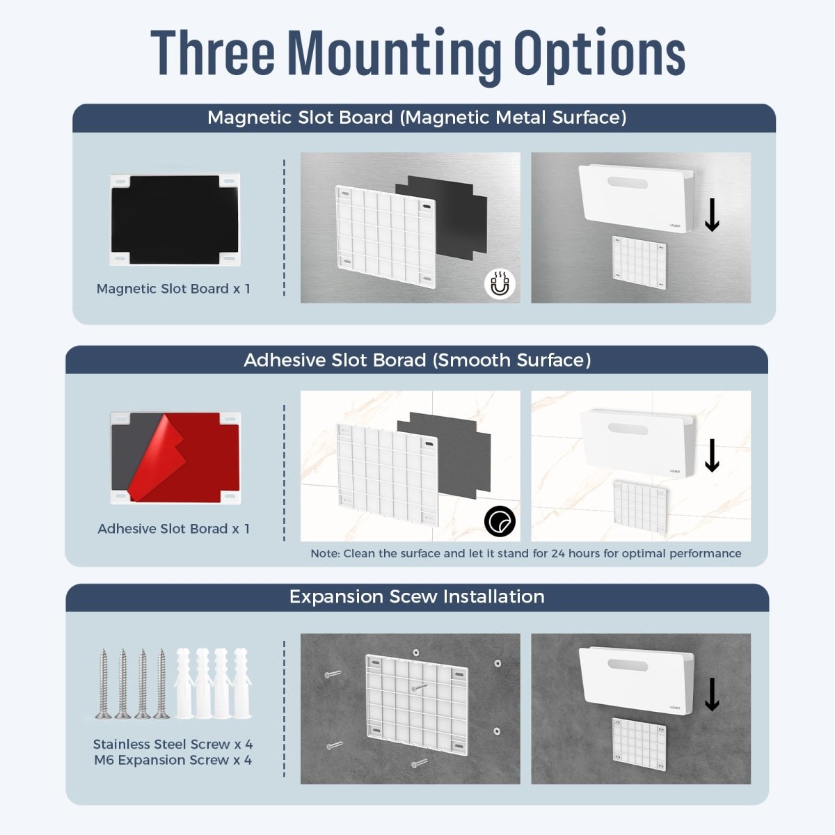 Installation guide for the Loukin Magnetic File Holder (S1301), demonstrating its Three Mounting Options. These include: 1) Magnetic Slot Board (for magnetic metal surfaces); 2) Adhesive Slot Board (for smooth surfaces, requires 24 hours wait time for optimal performance); and 3) Expansion Screw Installation (for permanent mounting on walls/drywall), showing the included stainless steel screws and M6 expansion screws.