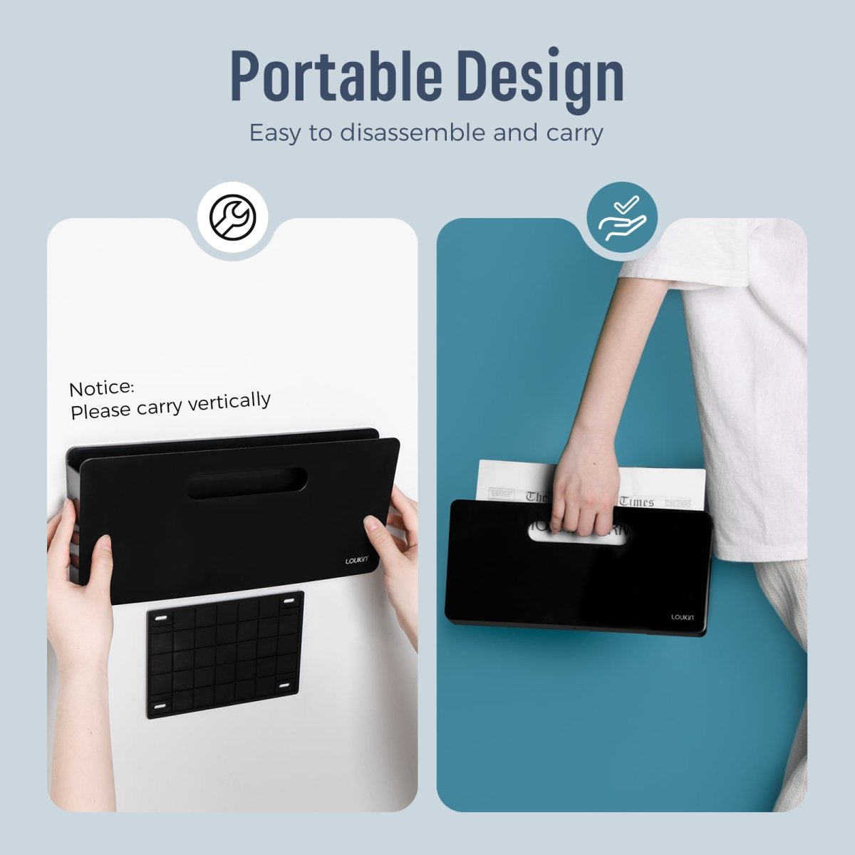 Loukin Magnetic File Holder (S1301) in black, highlighting the Portable Design feature that makes it Easy to disassemble and carry. The left panel shows hands detaching the black holder from its magnetic mounting plate on the wall. The right panel shows a hand carrying the holder vertically by the cutout handle, filled with magazines or documents, with a notice reminding users to "Please carry vertically".