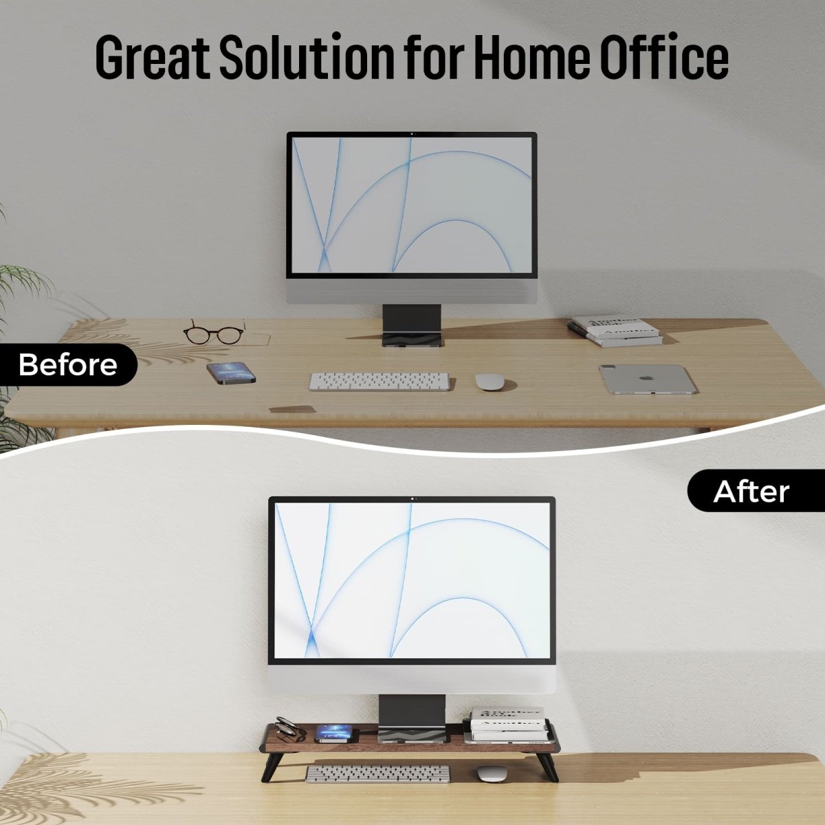 Before-and-after comparison of a desk using the Loukin Single Monitor Stand Riser (S4101) in a dark wood finish. The Before image shows a flat desktop with a monitor, keyboard, and scattered accessories. The After image shows the monitor elevated by the stand, with the keyboard and accessories stored neatly in the under-shelf space, highlighting the stand as a Great Solution for Home Office organization and tidiness.