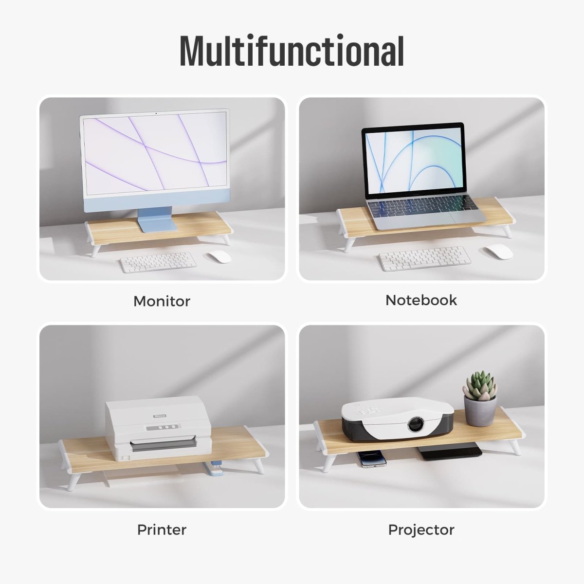 Loukin Single Monitor Stand Riser (S4101) with a light wood grain desktop and white legs, highlighting its Multifunctional use cases. The four panels show the stand being used to elevate a Monitor, a Notebook (laptop), a Printer, and a Projector, demonstrating its versatile application in an organized workspace.