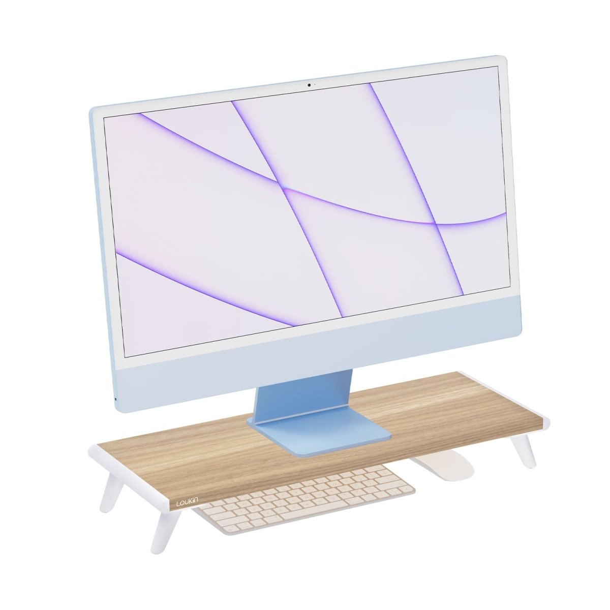 Main product image of the Loukin Single Monitor Stand Riser (S4101) in black. The stand elevates a computer monitor, with space underneath for keyboard, mouse, and other devices like a phone and tablet, promoting an organized and ergonomic workspace.