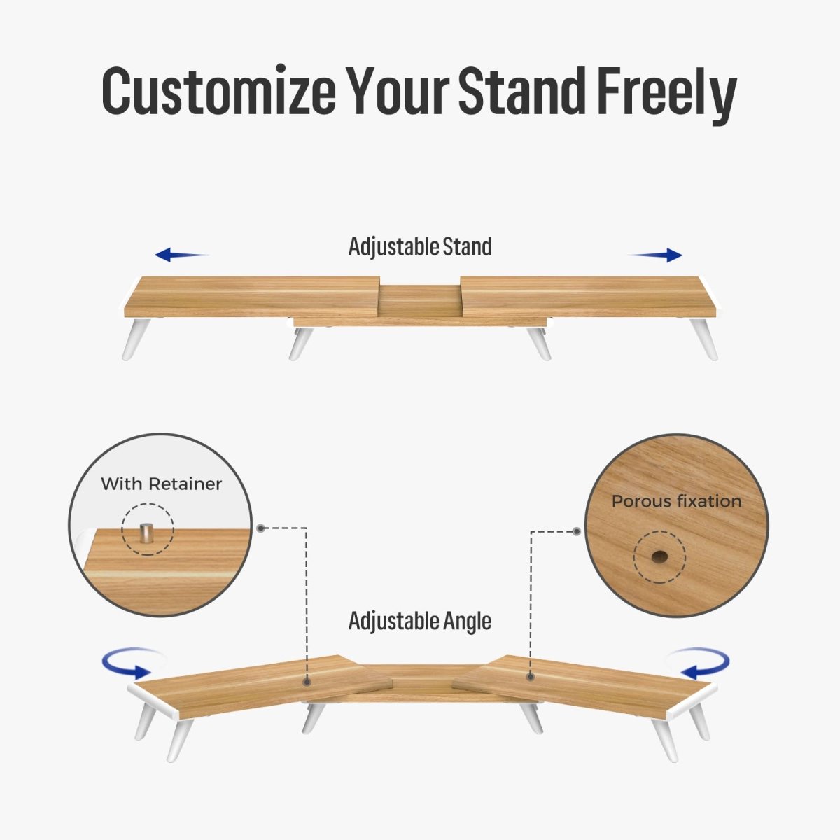 Loukin Dual Monitor Stand Riser (S4102) highlighting its ability to Customize Your Stand Freely. The image shows two adjustable features: the top section illustrates the Adjustable Stand (sliding middle section to change length), and the bottom section demonstrates the Adjustable Angle of the side panels, which use a Retainer pin and Porous fixation holes for customized positioning. The stand features a light wood grain desktop and white legs.