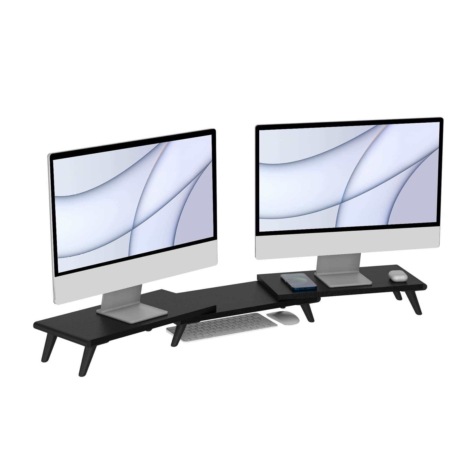 Main product image of the black Loukin Dual Monitor Stand Riser (S4102). The adjustable stand is configured to support two large computer monitors, creating an ergonomic dual-screen setup. A white keyboard and mouse are placed in the organized space beneath the stand.