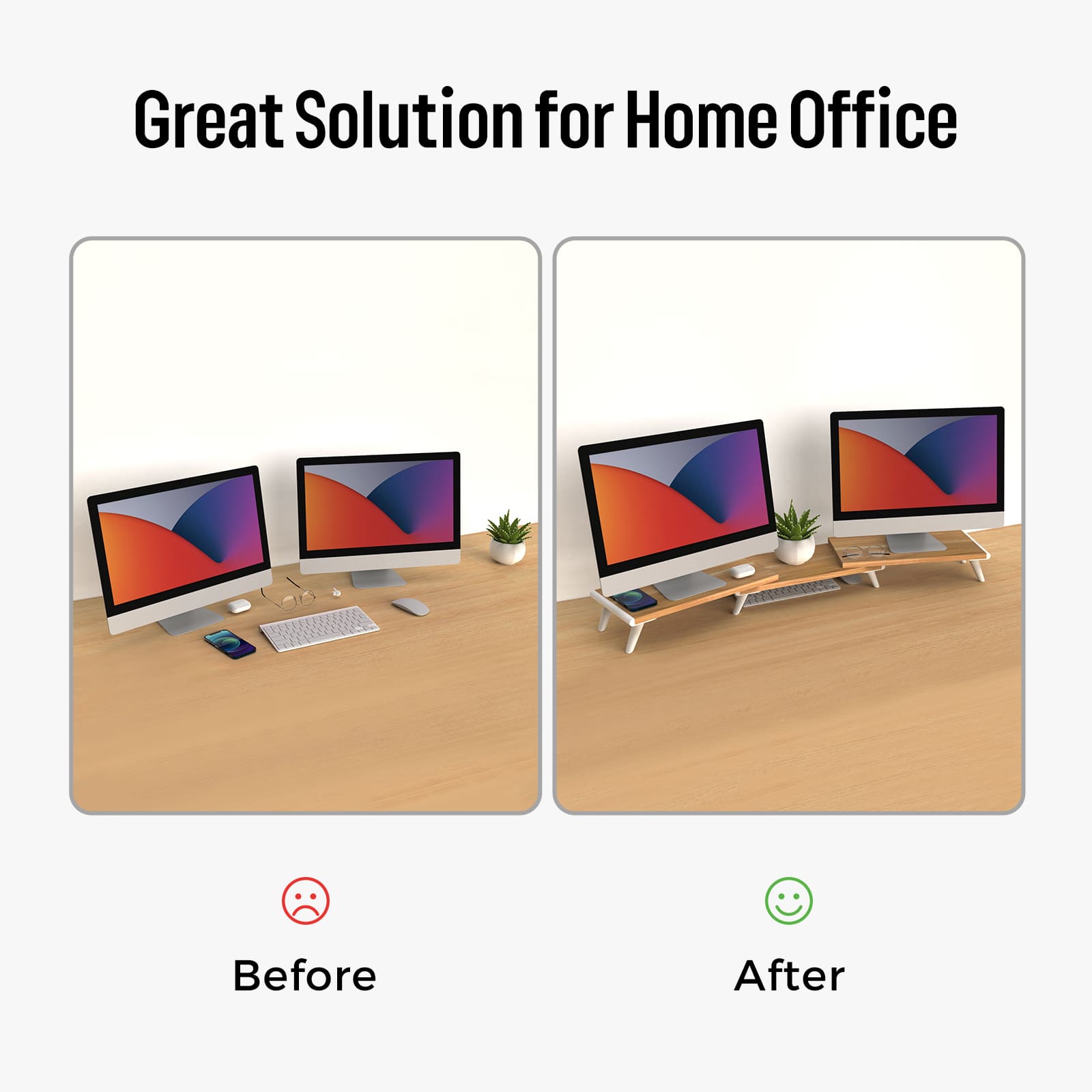 Before-and-after comparison of a desk using the Loukin Dual Monitor Stand Riser (S4102) in a light wood grain and white finish. The Before image shows two monitors on a flat desktop with scattered accessories. The After image shows both monitors elevated by the adjustable stand, with keyboards, a mouse, and accessories stored neatly underneath, highlighting the stand as a Great Solution for Home Office organization for dual setups.