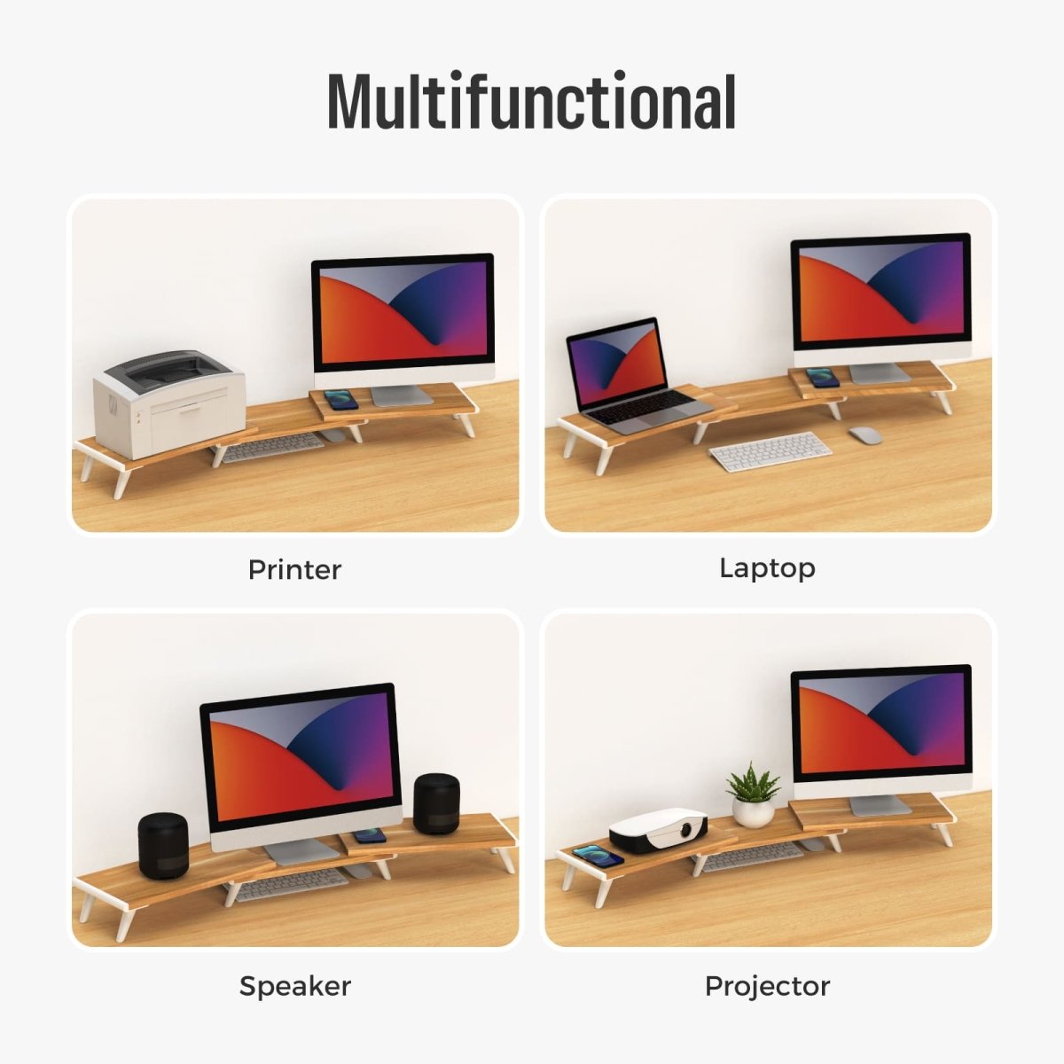 Loukin Dual Monitor Stand Riser (S4102) in a light wood grain desktop and white legs, highlighting its Multifunctional uses. The four panels show the adjustable stand supporting a Printer, a Laptop, Speakers, and a Projector, alongside an elevated monitor, demonstrating its versatile use for various devices in an office or home setting.