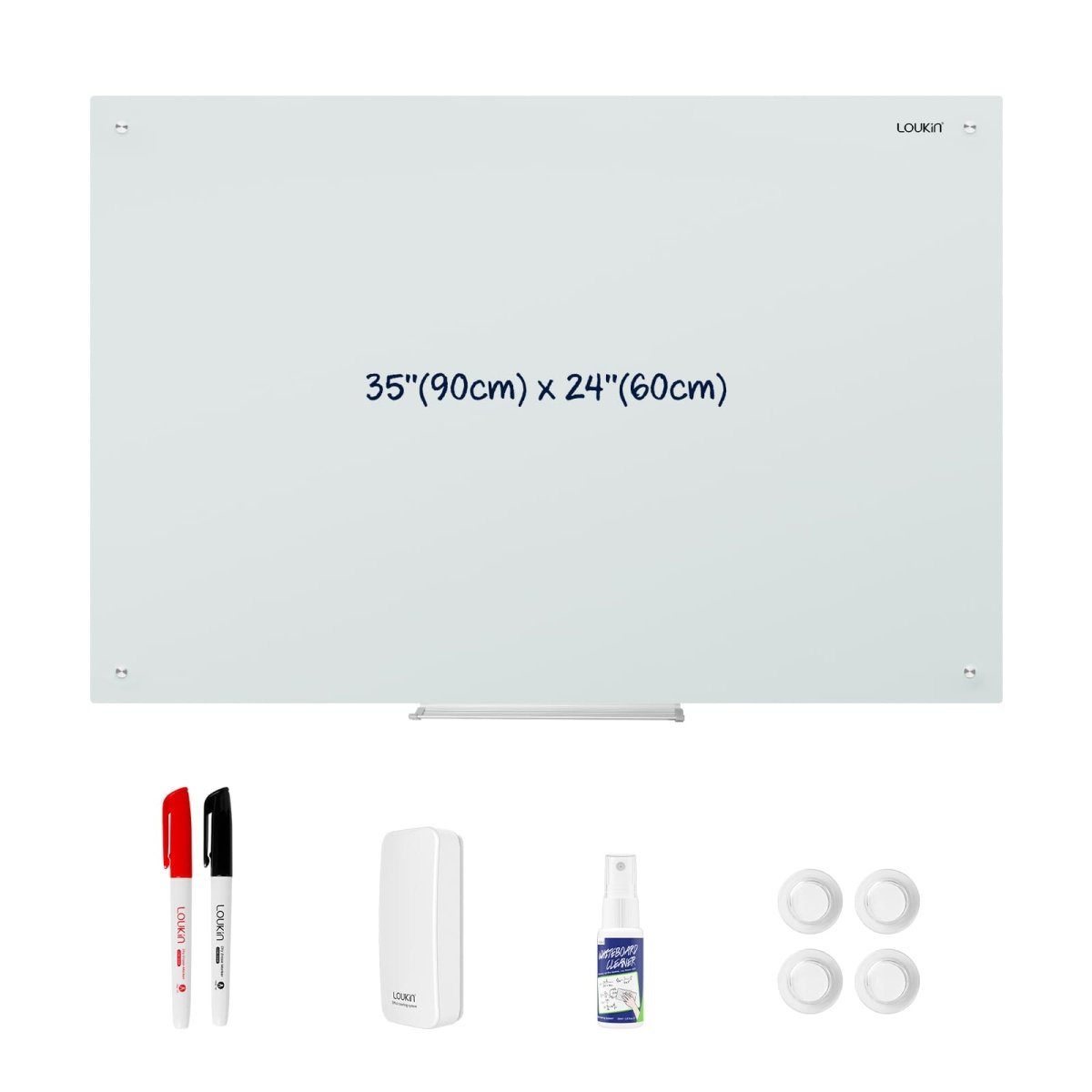 Main product image of the Loukin 35" x 24" (90cm x 60cm) Frameless Glass Whiteboard (W1202K). The image clearly shows the board's dimensions and the included accessories below: 2 dry-erase markers (red and black), 1 large white magnetic eraser, 1 bottle of whiteboard cleaner spray, and 4 circular magnets (white).