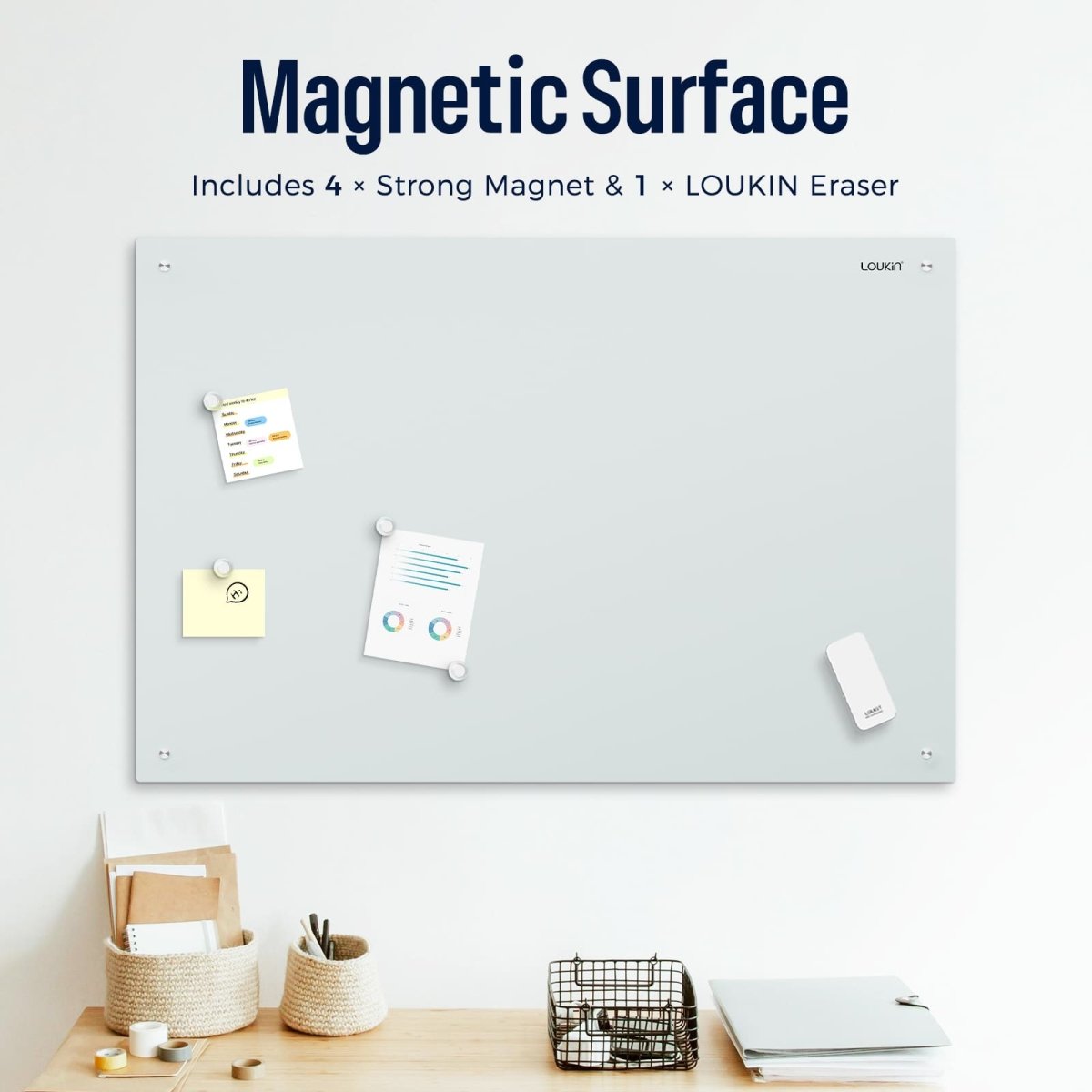 Feature image for the Loukin Glass Whiteboard (W1202K), highlighting its Magnetic Surface. The whiteboard is shown on a wall, holding several notes and documents using four included strong magnets. The included white LOUKIN eraser is also placed on the board, demonstrating its magnetic capability in a modern desktop setting.