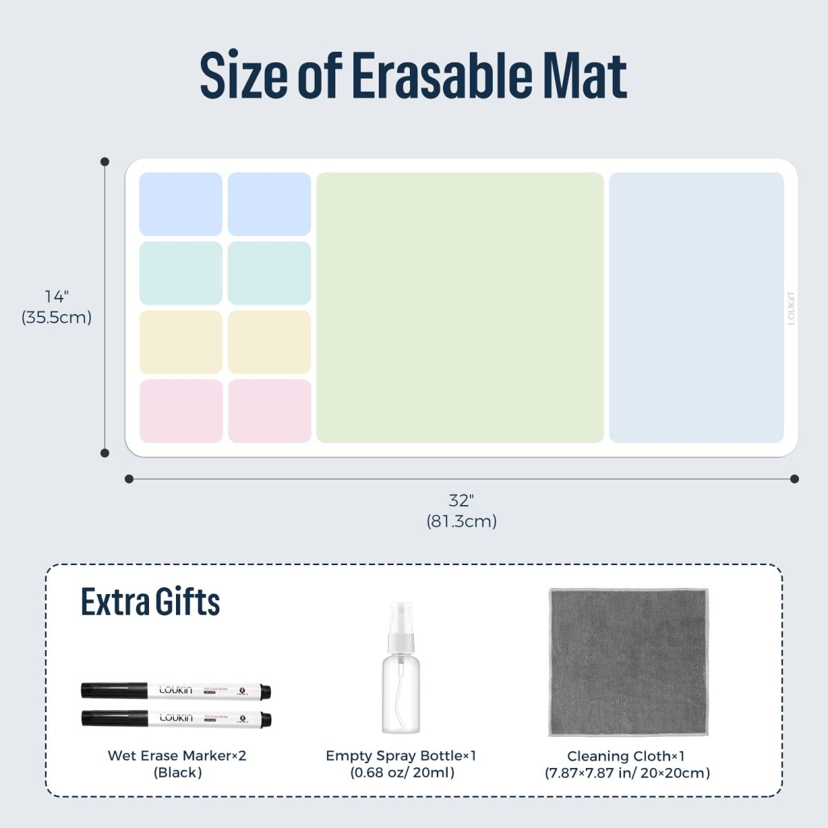 loukin W1401K EraseDeskMat size specification and included accessories. The diagram shows the mat dimensions are 32" (81.3cm) in width and 14" (35.5cm) in height. The image also lists and displays the "Extra Gifts": two black Wet Erase Markers, one Empty Spray Bottle (20ml), and one Cleaning Cloth (20x20cm).