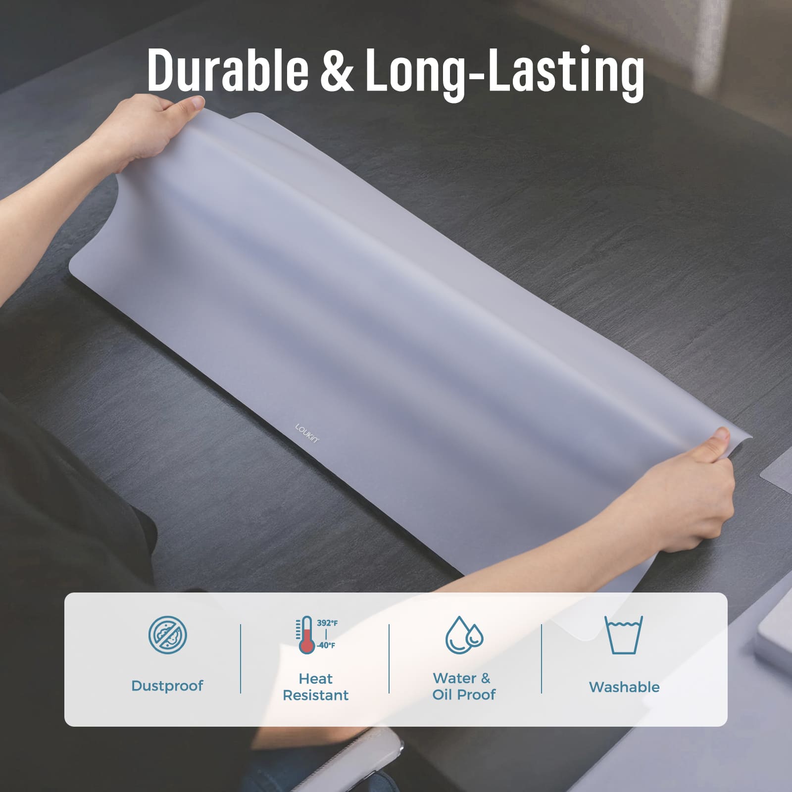 loukin W1402K Erasable Desk Mat 2-in-1 Planner feature for Long-Term Planning. The graphic illustrates that the planner template can be oriented as a Weekly Planner (horizontal) or rotated 90 degrees to function as a Monthly Planner (vertical), demonstrating its versatile planning capability.