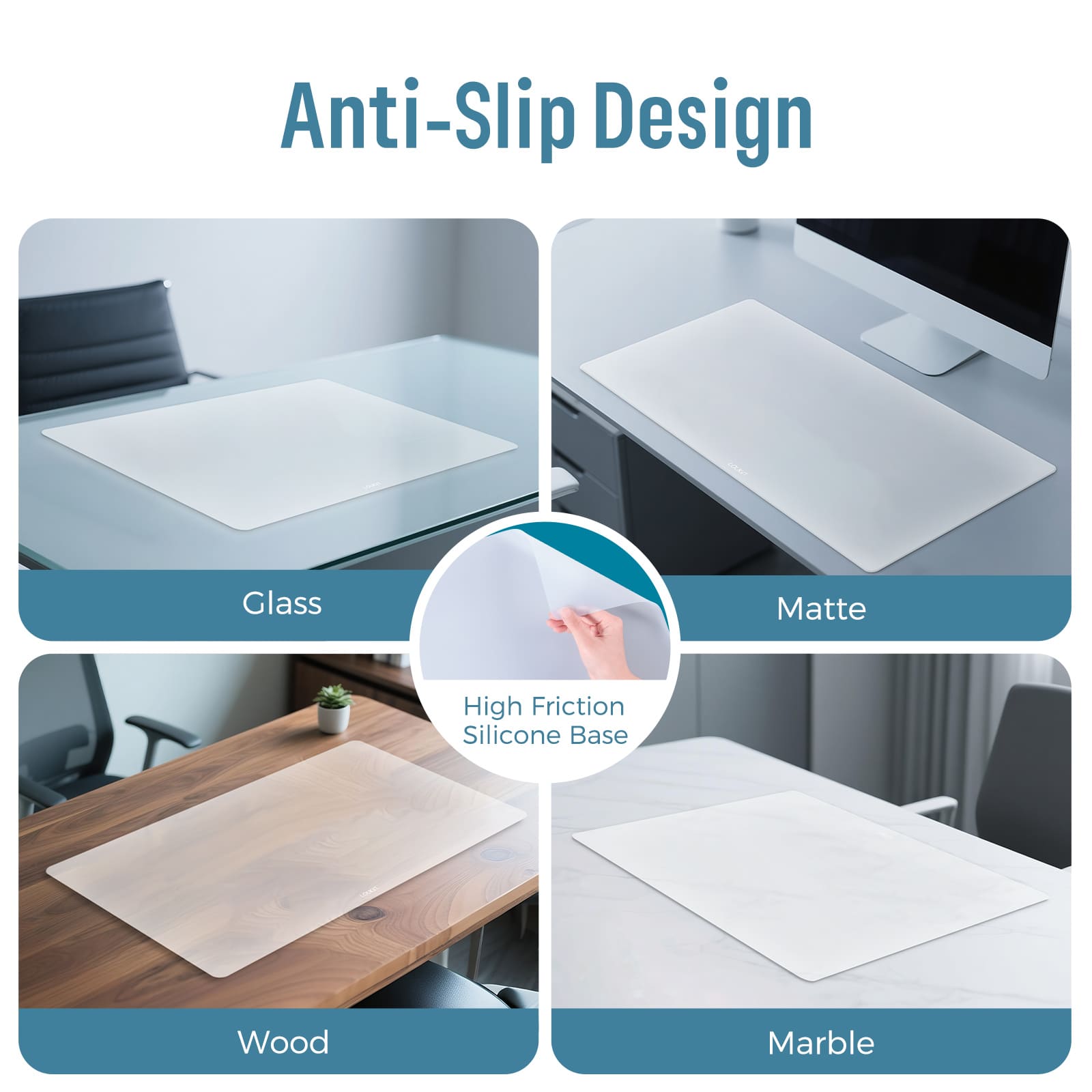 loukin W1402K Erasable Desk Mat advertising the Anti-Slip Design with a High Friction Silicone Base. The image shows the mat placed securely on four different surfaces: Glass, Matte (desk), Wood, and Marble, demonstrating its stable use across various smooth desk materials.