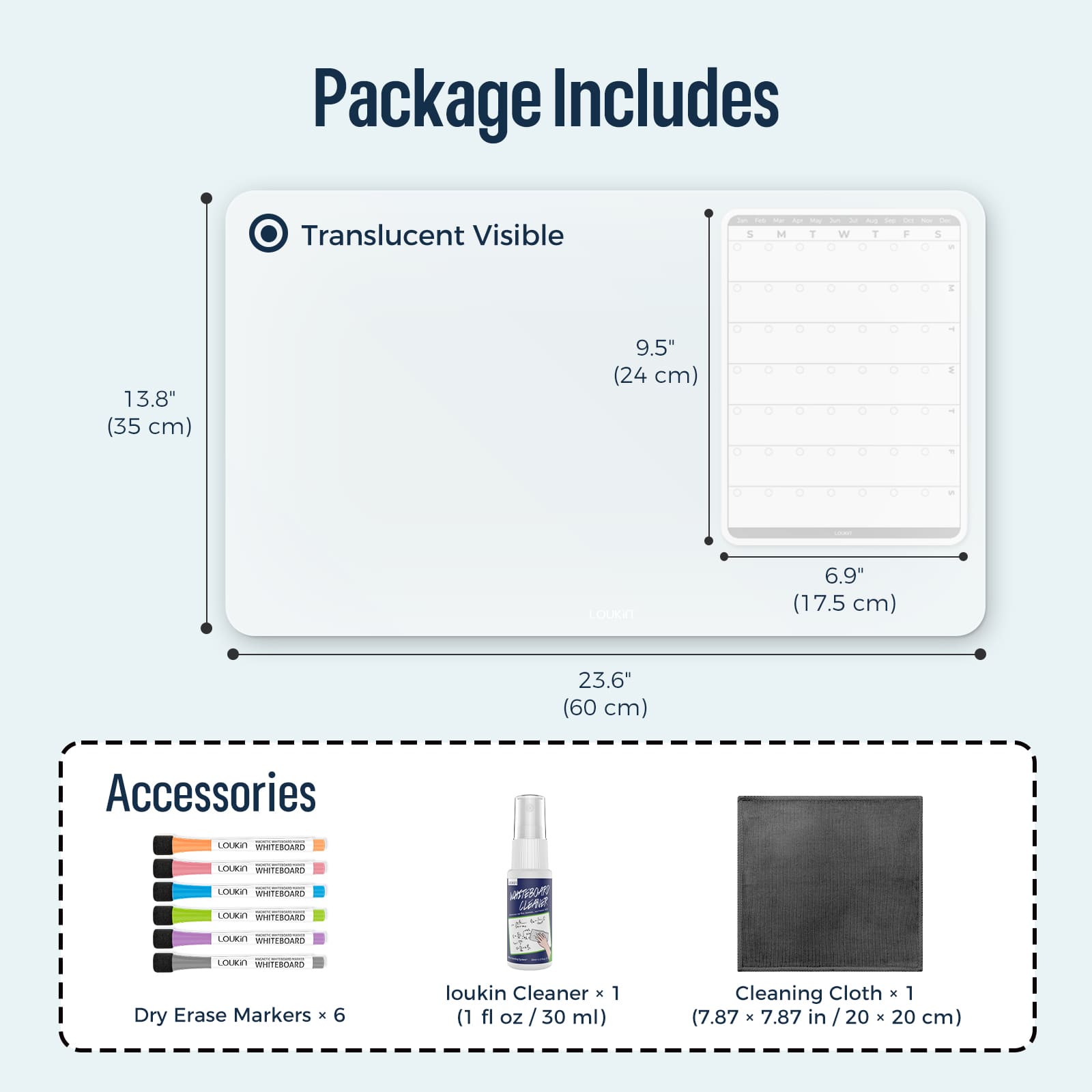 loukin W1402K Erasable Desk Mat Package Includes the mat, showcasing its Translucent Visible quality. Mat dimensions are 23.6" (60 cm) by 13.8" (35 cm). Also included are Accessories: 6x Dry Erase Markers, 1x Loukin Cleaner (1 fl oz / 30 ml), and 1x Cleaning Cloth (7.87 x 7.87 in / 20 x 20 cm).