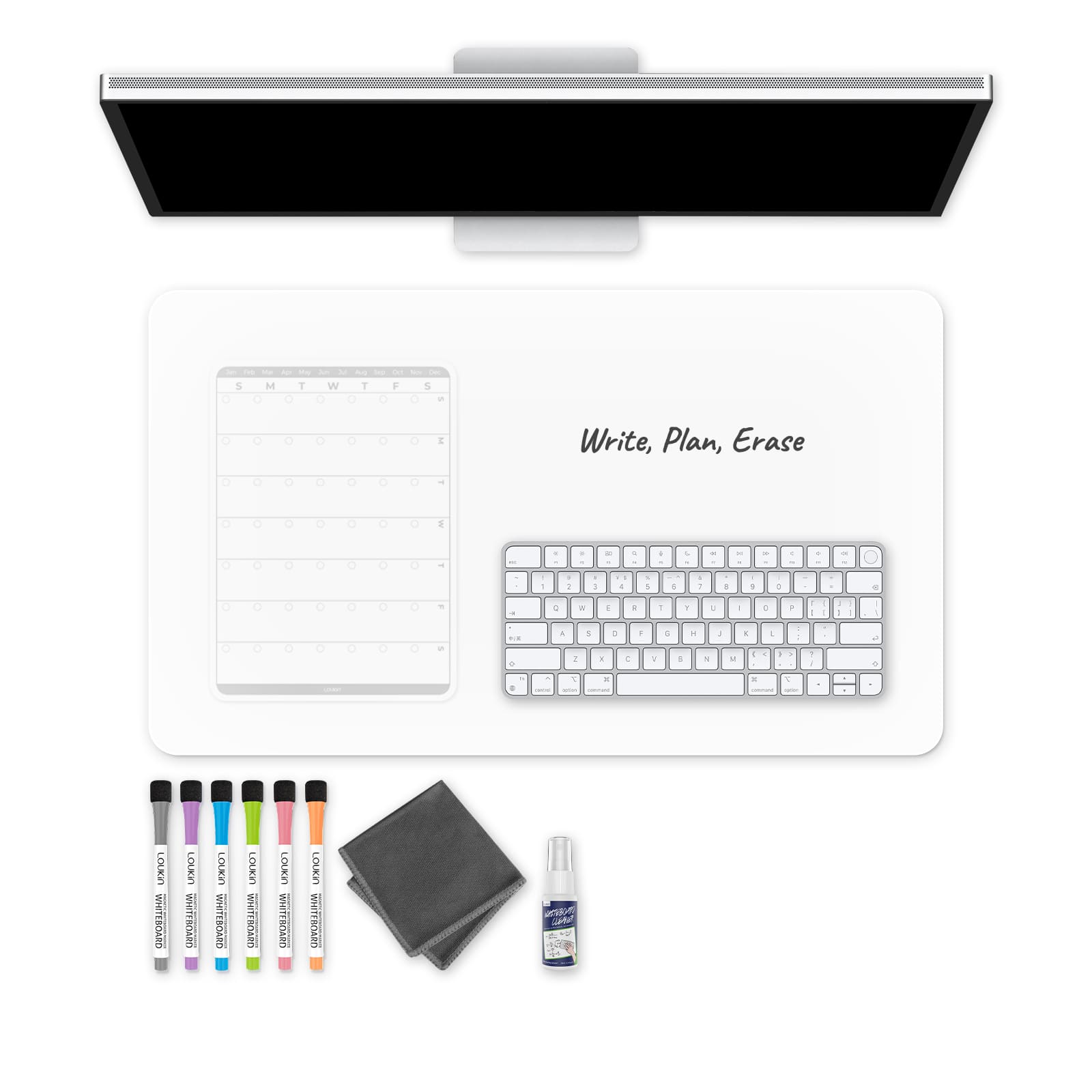 Overhead view of the loukin W1402K White Erasable Desk Mat Set beneath a computer monitor. The mat features a calendar/planner template and is shown with a white keyboard, illustrating the phrase "Write, Plan, Erase". Included accessories—six colored markers, a gray cleaning cloth, and a cleaning spray bottle—are displayed below the mat.