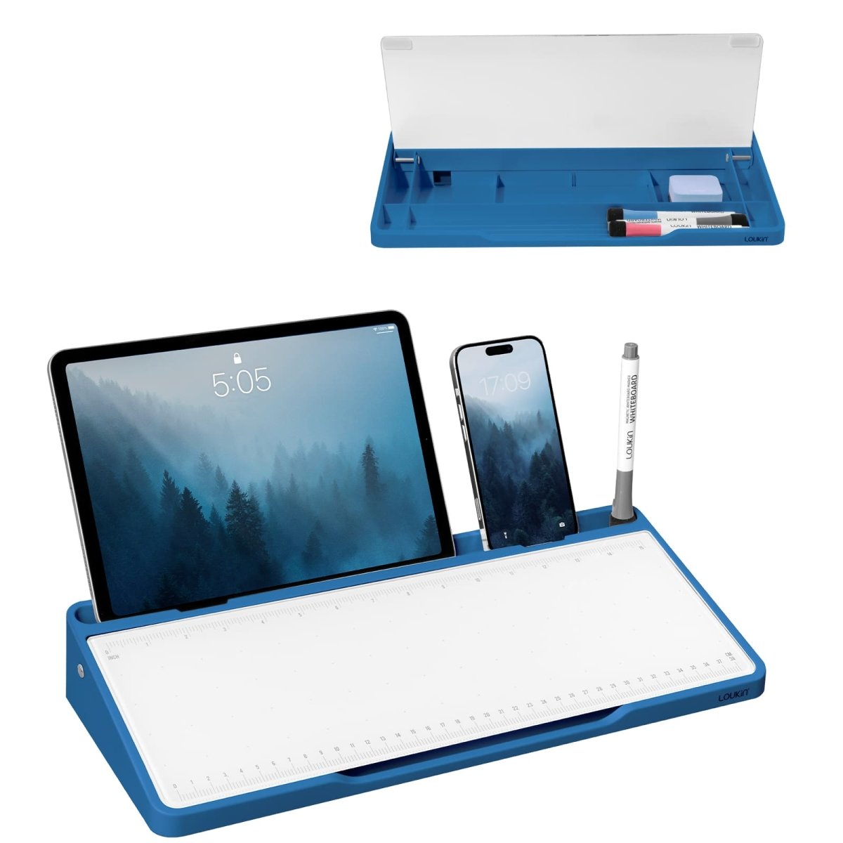 loukin W1701K GlassDesktopWhiteboard main product image in dark blue. The photo displays the desktop dry-erase board with its transparent cover open (top view), and in use (bottom view) holding a tablet and smartphone in the integrated groove, demonstrating its function as an ergonomic writing surface and organizer with a ruler-style guide.