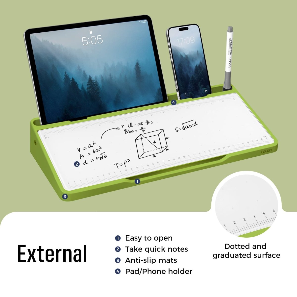 loukin W1701K GlassDesktopWhiteboard external features in green. The image highlights key selling points: Easy to open cover, ability to Take quick notes on the glass surface (which features a Dotted and graduated surface), Anti-slip mats on the bottom, and an integrated Pad/Phone holder groove for devices. The board is shown in use with a tablet and smartphone.