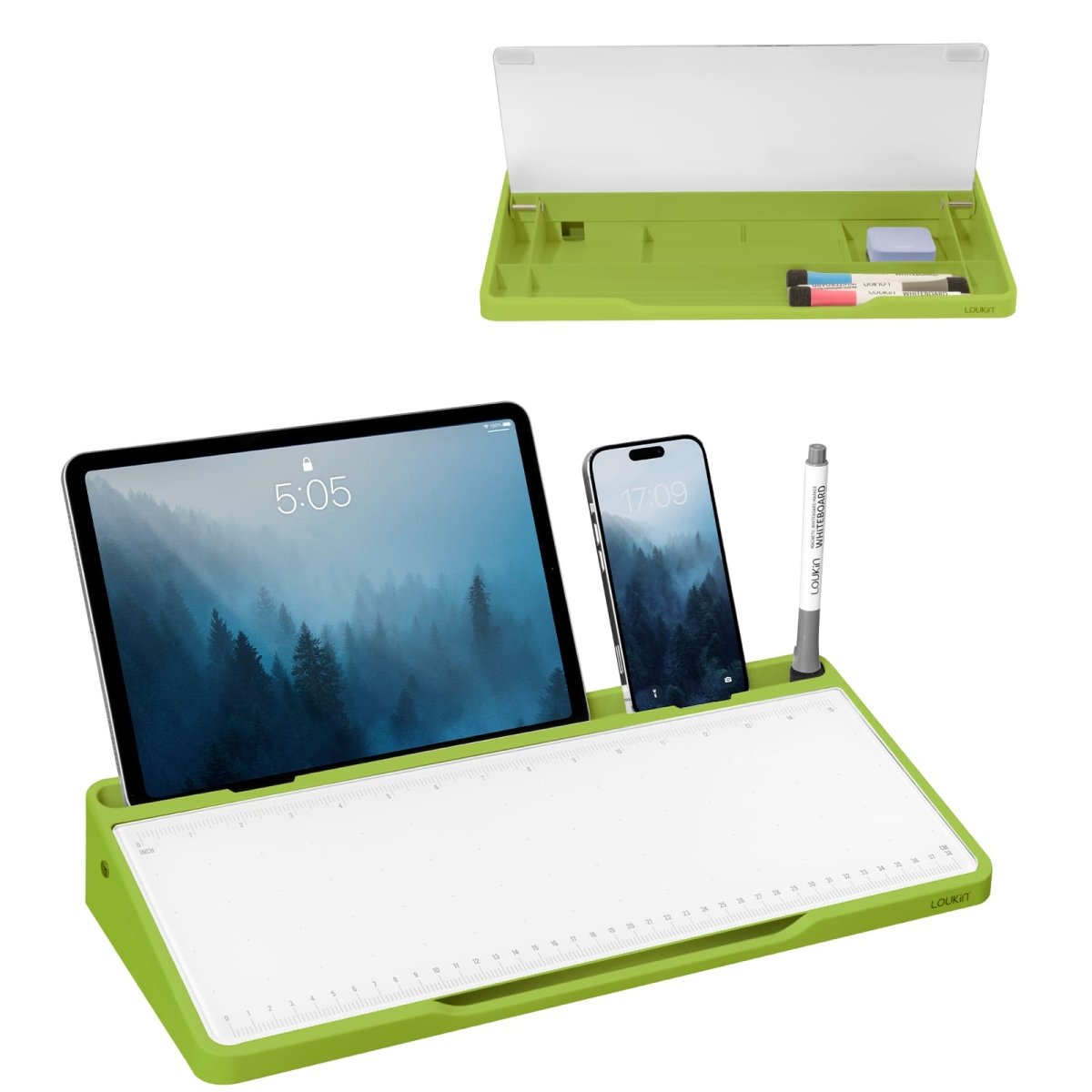loukin W1701K GlassDesktopWhiteboard main product image in green. The photo displays the desktop dry-erase board with its transparent cover open (top view), and in use (bottom view) holding a tablet and smartphone in the integrated groove, demonstrating its function as an ergonomic writing surface and organizer with a ruler-style guide.