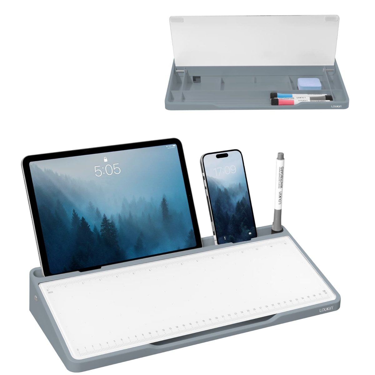 loukin W1701K GlassDesktopWhiteboard main product image in grey. The photo displays the desktop dry-erase board with its transparent cover open (top view), and in use (bottom view) holding a tablet and smartphone in the integrated groove, demonstrating its function as an ergonomic writing surface and organizer with a ruler-style guide.