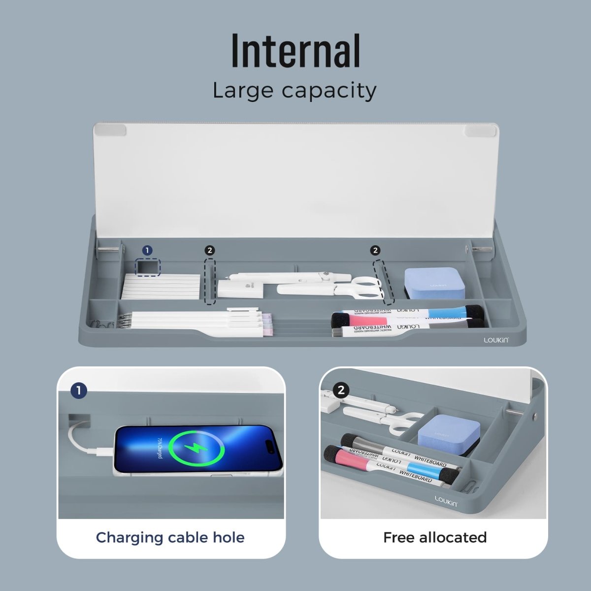 loukin W1701K GlassDesktopWhiteboard internal storage features, highlighting the "Internal Large capacity" organizer when the glass cover is lifted. The image details two main features: 1. Charging cable hole for device charging while stored, and 2. Free allocated space for markers, erasers, and other small office supplies, demonstrating its dual function as a whiteboard and storage box.