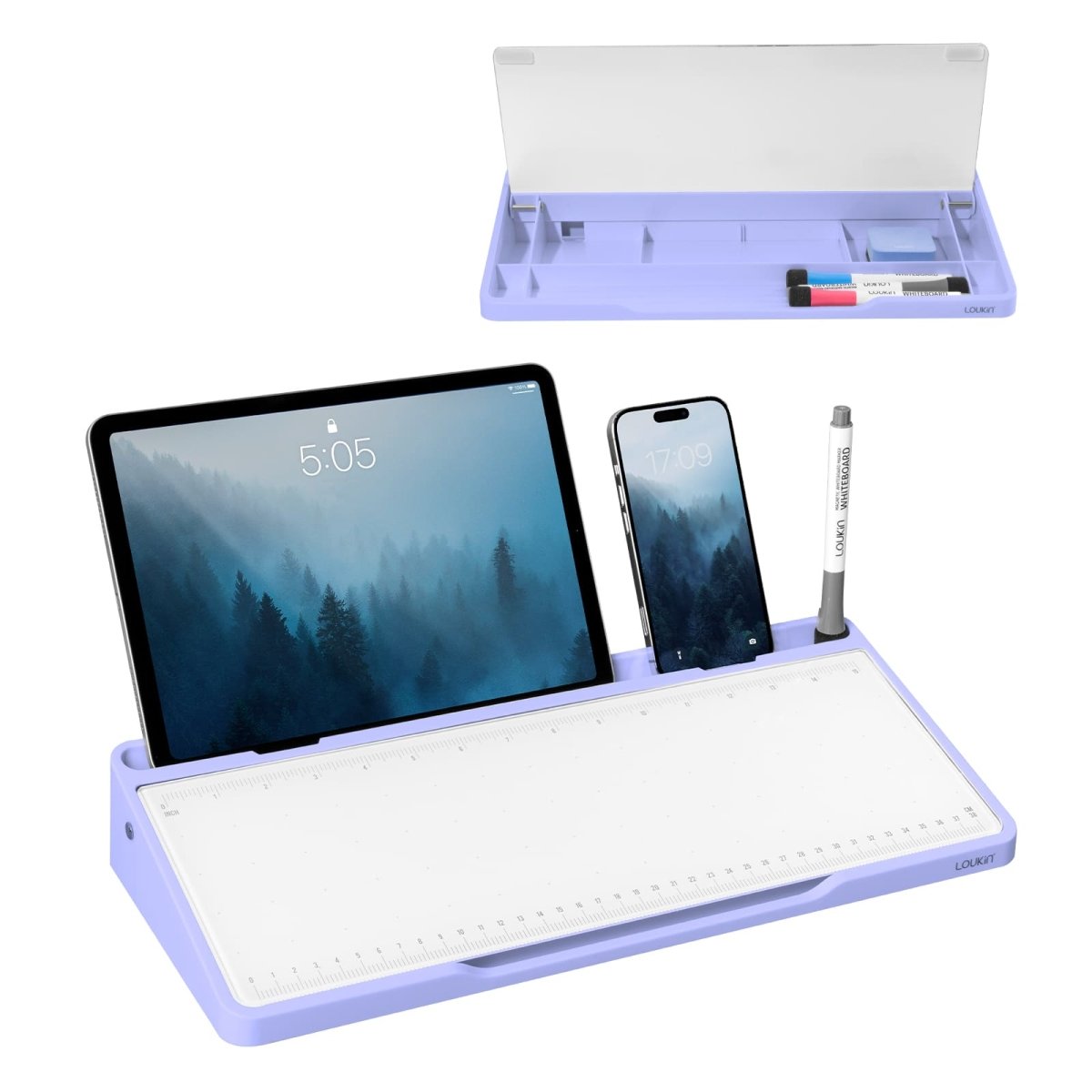 loukin W1701K GlassDesktopWhiteboard main product image in purple. The photo displays the desktop dry-erase board with its transparent cover open (top view), and in use (bottom view) holding a tablet and smartphone in the integrated groove, demonstrating its function as an ergonomic writing surface and organizer with a ruler-style guide.