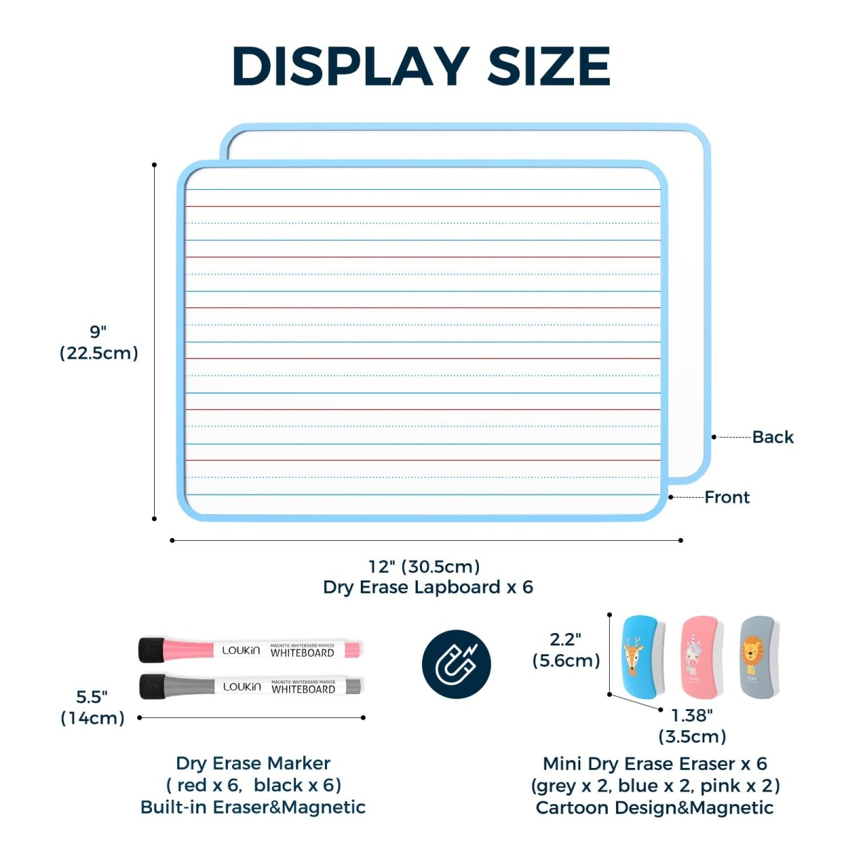 Feature image detailing the DISPLAY SIZE and accessories of the Loukin Kid Dry Erase Lapboard (W1802K) set. The lapboard dimensions are shown as 12" (30.5cm) x 9" (22.5cm). The accessories section details: Dry Erase Marker (5.5" / 14cm, red x 6, black x 6, built-in eraser & magnetic) and Mini Dry Erase Eraser x 6 (2.2" x 1.38" / 5.6cm x 3.5cm, grey x 2, blue x 2, pink x 2, cartoon design & magnetic).