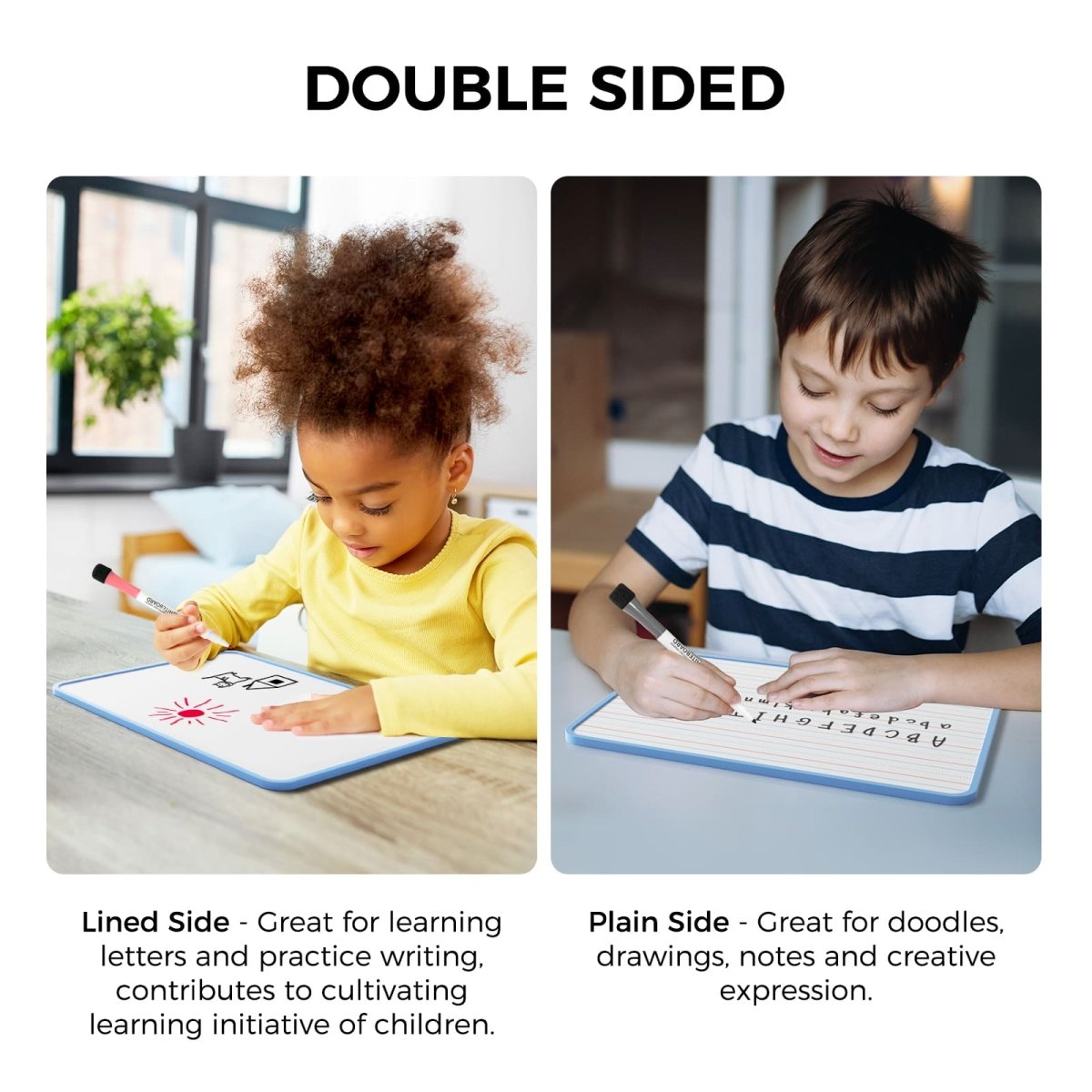 Feature image for the Loukin Seamless Frame Kid Dry Erase Lapboard (W1802K), highlighting its "DOUBLE SIDED" functionality. The left panel shows the "Lined Side" (with red and blue guidelines), which is "Great for learning letters and practice writing," with a child drawing on it. The right panel shows the "Plain Side," which is "Great for doodles, drawings, notes and creative expression," with a child writing on the blank side.