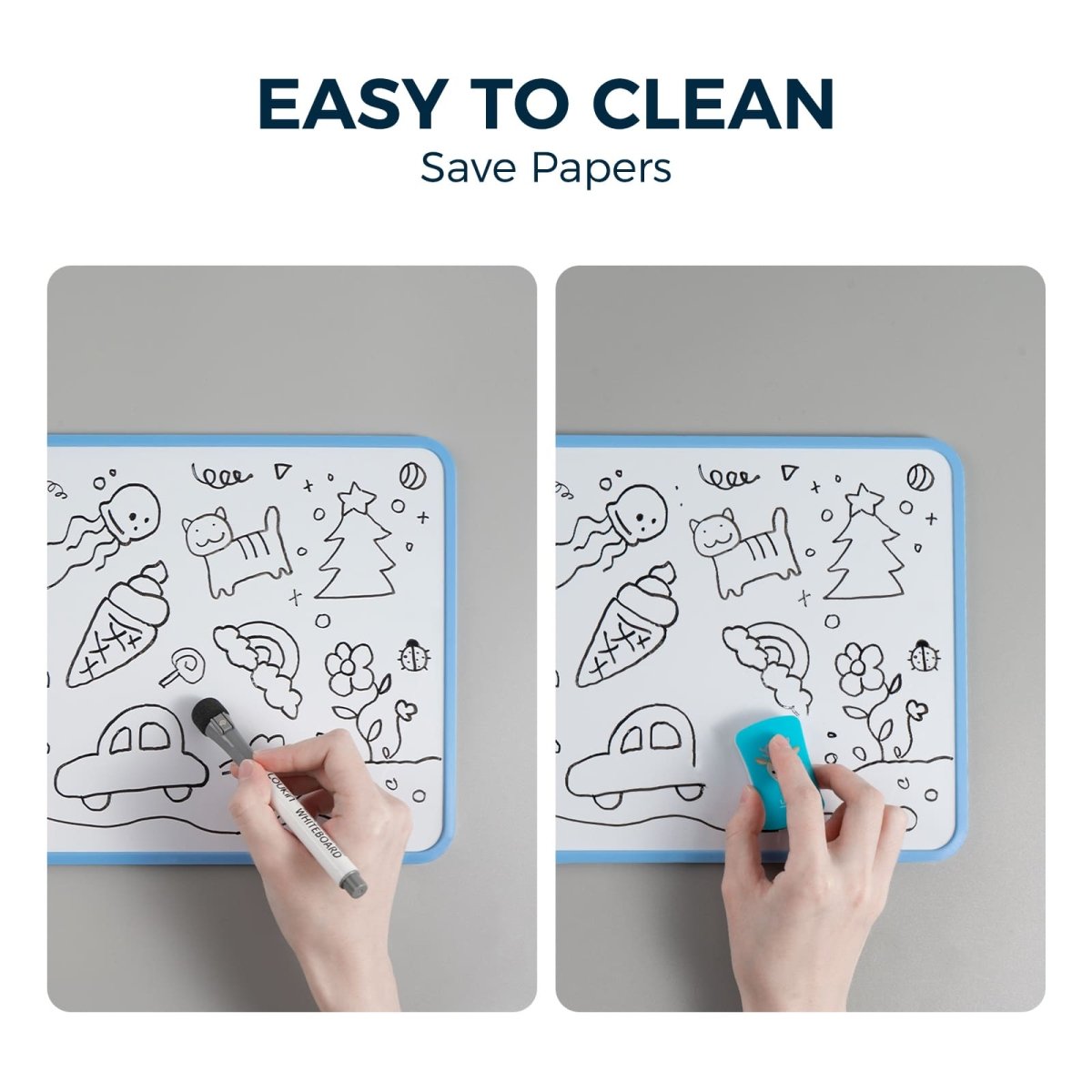 Feature image for the Loukin Seamless Frame Kid Dry Erase Lapboard (W1802K), emphasizing the "EASY TO CLEAN" feature and the benefit to "Save Papers." The image is split into two panels: the left shows a hand drawing a car, a cat, and other cartoon images with a marker; the right panel shows a hand easily wiping the drawings clean with a blue animal-themed eraser, demonstrating the perfect erasability of the board.