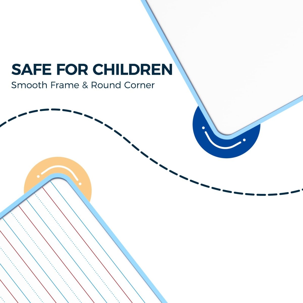 Feature image for the Loukin Seamless Frame Kid Dry Erase Lapboard (W1802K), emphasizing the "SAFE FOR CHILDREN" feature. Text highlights "Smooth Frame & Round Corner" design, with a close-up graphic illustrating the rounded edge and smooth surface of the light blue frame for child safety.