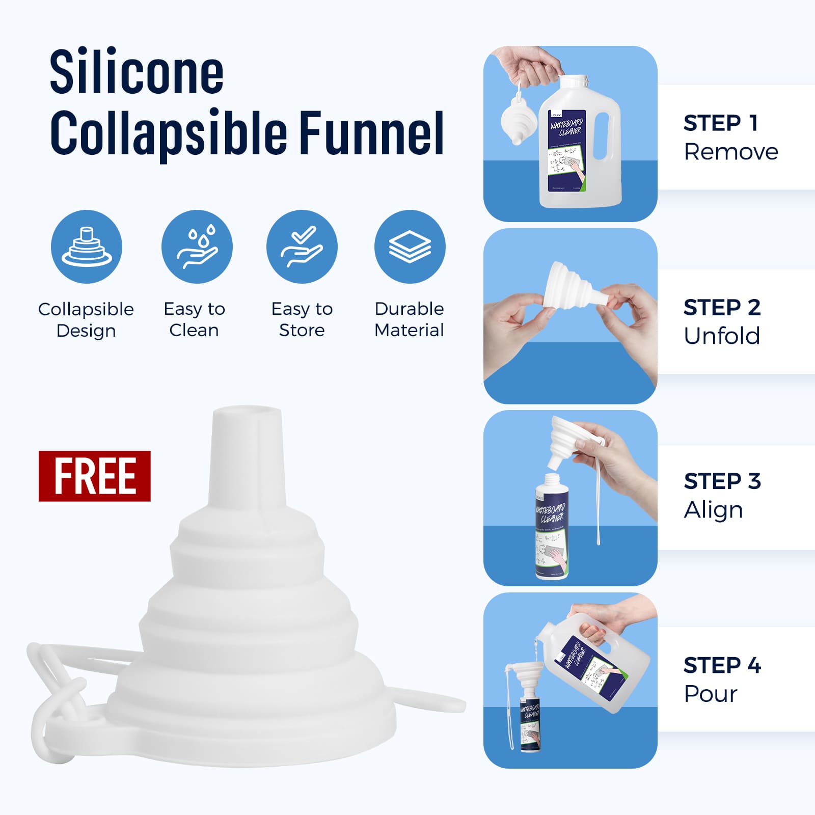 loukin Silicone Collapsible Funnel (FREE with W3105 Whiteboard Cleaner) features, including Collapsible Design, Easy to Clean, Easy to Store, and Durable Material. Four-step guide for refilling is shown: Step 1 (Remove) the cap from the spray bottle, Step 2 (Unfold) the funnel, Step 3 (Align) the funnel for refilling, and Step 4 (Pour) the cleaner from the 1L bottle into the smaller spray bottle.