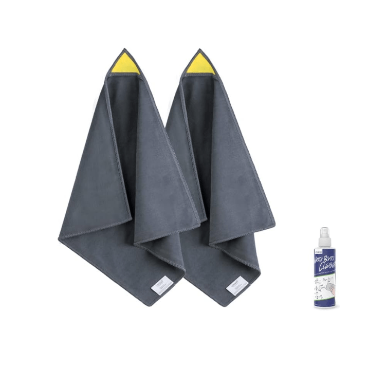 Main product image for the Loukin Magnetic Whiteboard Cleaning Cloth Set (W3302K). The set includes two grey microfiber cleaning cloths with yellow magnetic loops, displayed hanging, and one spray bottle of whiteboard cleaner, presented on a white background.