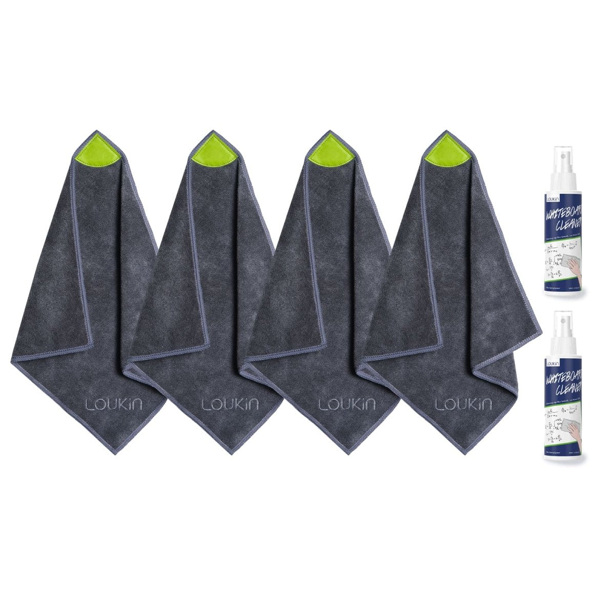 Product feature image of two Loukin Magnetic Cleaning Cloths (W3306K) paired with one bottle of Whiteboard Cleaner Spray. The cloths are dark grey microfiber, each with a bright green hanging loop, showcasing the effective combination for whiteboard cleaning and maintenance.