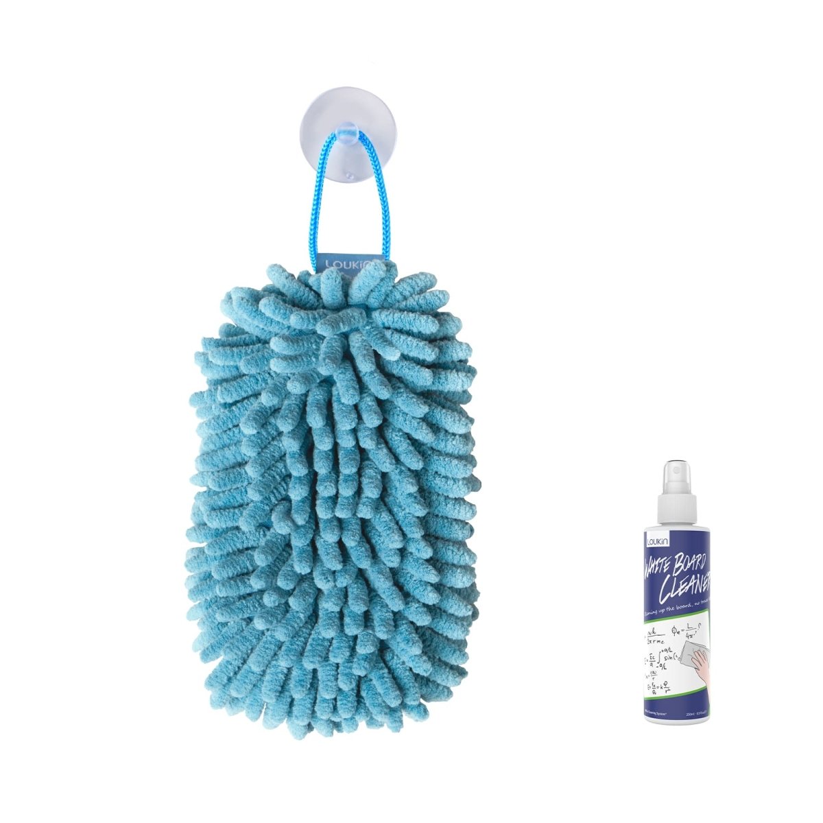 Main product image of the Loukin Microfiber Shag Eraser (W3510K) in blue, hanging by its loop and suction cup. The set includes a spray bottle of Whiteboard Cleaner, displayed next to the eraser. The image is on a clean white background.