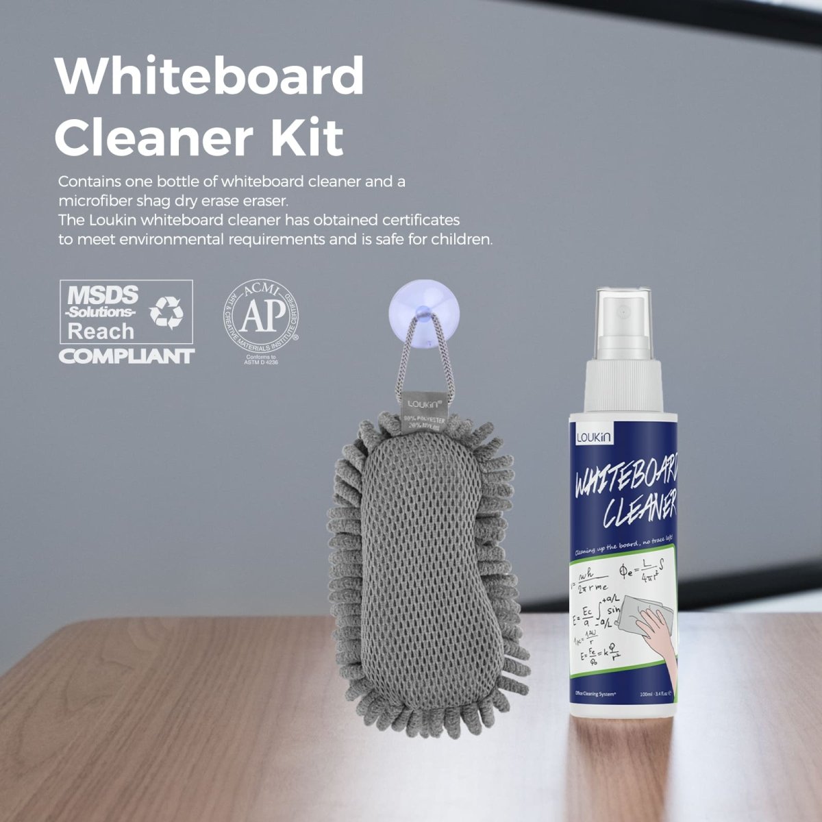 Feature image for the Loukin Whiteboard Cleaner Kit (W3510K), highlighting its safety and environmental compliance. The cleaner kit, featuring a grey microfiber shag dry erase eraser and a spray bottle of cleaner, is certified as MSDS Solutions Reach Compliant and ACMI AP Certified (Conforms to ASTM D 4236), emphasizing that the cleaner is safe for children and meets environmental requirements.
