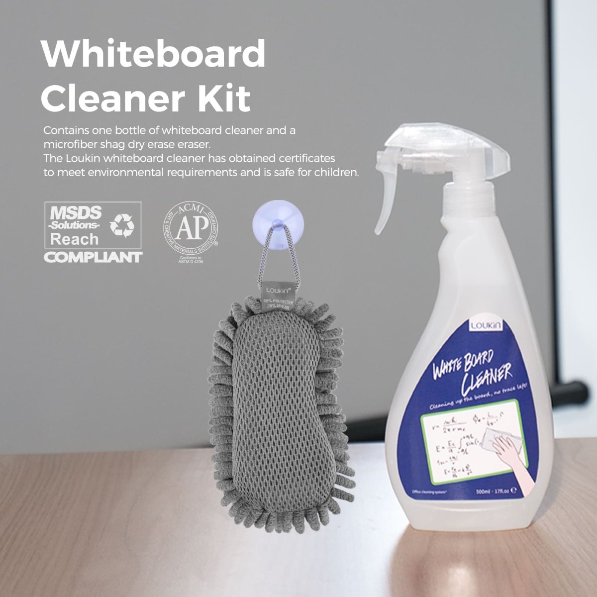 Feature image for the LOUKIN Whiteboard Cleaner Kit (W3535), highlighting its safety and environmental compliance. The image shows the cleaner spray bottle and a microfiber shag dry-erase eraser with a suction cup hanger. Text states the kit "Contains one bottle of whiteboard cleaner and a microfiber shag dry erase eraser." It emphasizes that the cleaner has obtained MSDS-Solutions Reach Compliant and ACMI AP Certified (Conforms to ASTM D-4236) certificates and is safe for children.