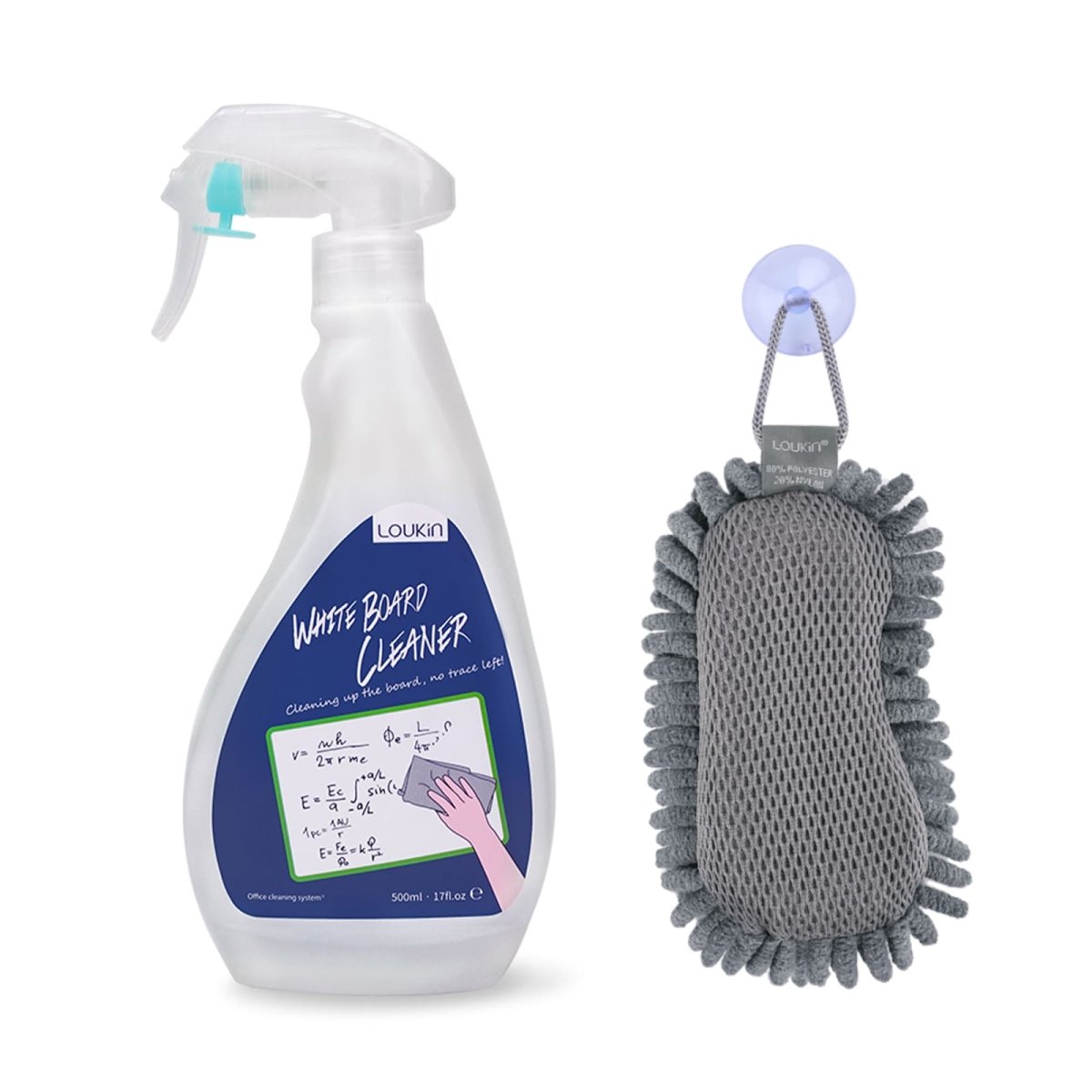 Main product image for the Loukin Whiteboard Cleaner Kit (W3535). The image features the Loukin Whiteboard Cleaner spray bottle (500ml / 17fl.oz) and the accompanying Microfiber Shag Dry Eraser with a suction cup loop. The cleaner bottle label shows a hand cleaning a board with complex mathematical equations.