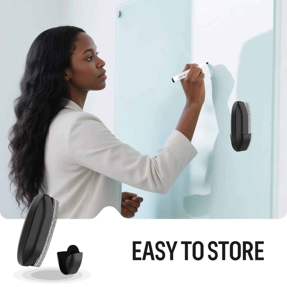 Application scenarios for the loukin Double-Sided Whiteboard Eraser (W3538K). The four-panel image shows the black eraser in use on a Whiteboard (for meeting notes), Glass Board (for drawing diagrams), Acrylic Board (for notices on a fridge/wall), and a Glass Surface (for detailed writing/data).