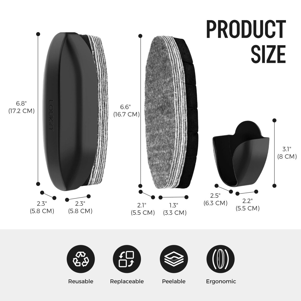 loukin Double-Sided Whiteboard Eraser (W3538K) Product Size and Features (Black). The image displays the dimensions for the eraser body (6.8" / 17.2cm long) and the detached pad (6.6" / 16.7cm long), along with the holder (3.1" / 8cm high). Key features are listed at the bottom: Reusable, Replaceable pad, Peelable layers, and Ergonomic design.
