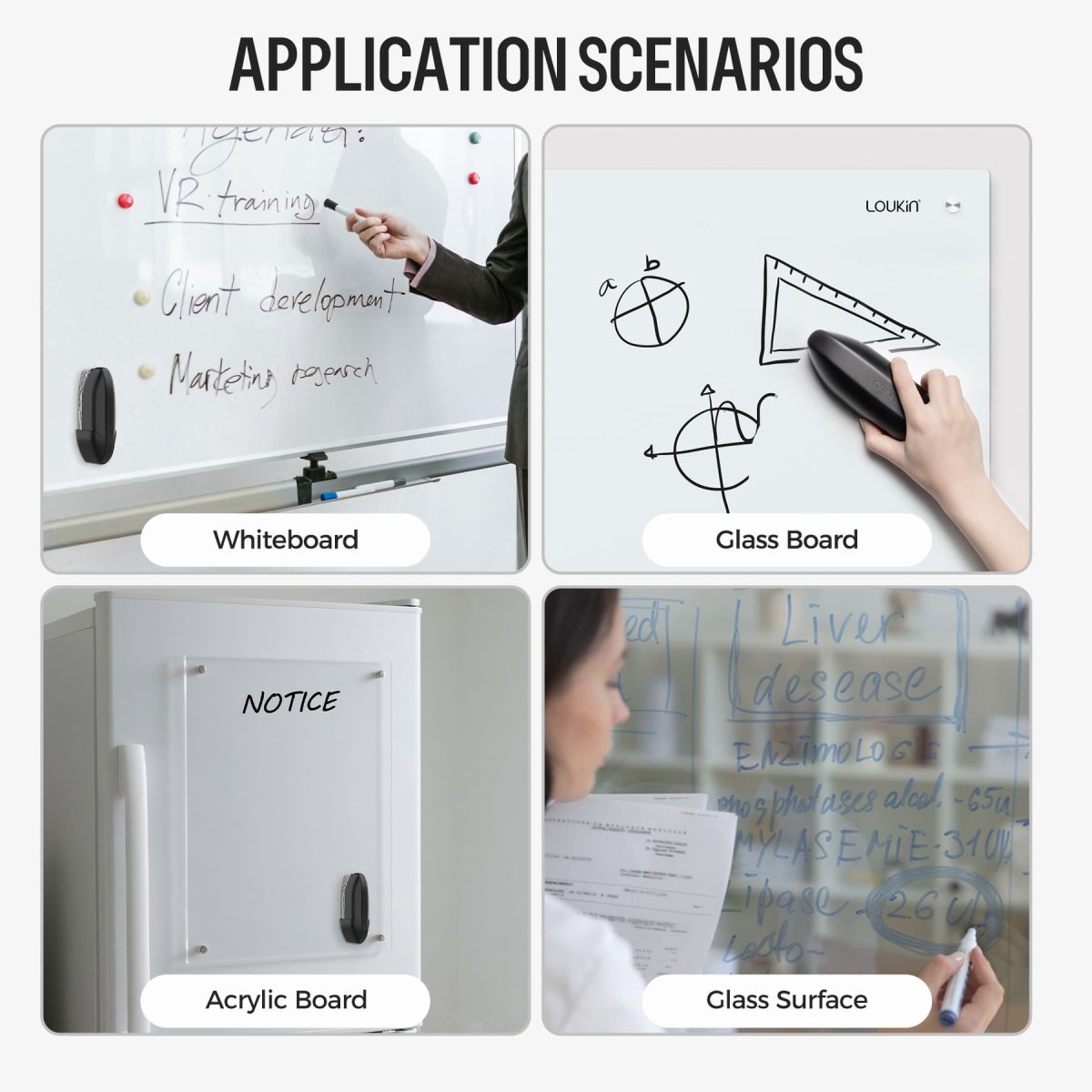 Two professional women are collaborating on a whiteboard in an office setting. One woman is drawing a diagram with a red marker, while the black loukin Double-Sided Whiteboard Eraser (W3538K) is magnetically stored on the right side of the board for easy access during the meeting.