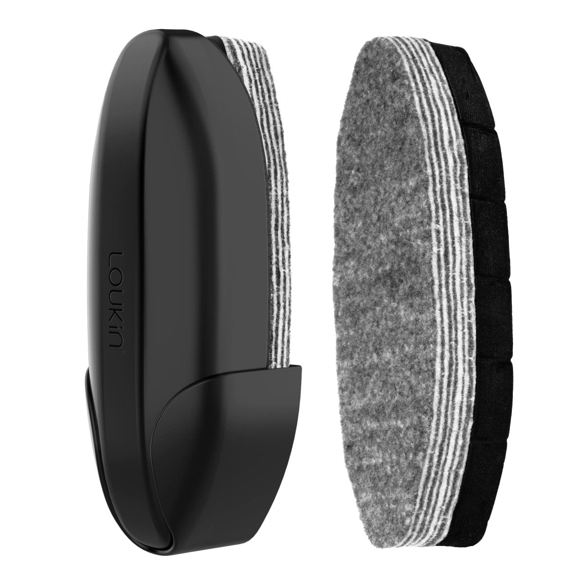 Main product image of the black loukin Double-Sided Whiteboard Eraser (W3538K). The image shows the sleek, ergonomic black eraser body next to a detached cleaning pad, clearly illustrating the two sides: the gray Microfiber Surface and the black Electrostatic Surface (or a similar reversible pad design).