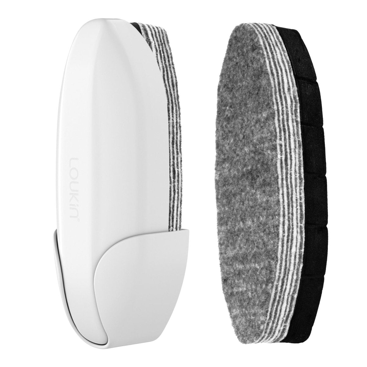 Main product image of the white loukin Double-Sided Whiteboard Eraser (W3538K). The image shows the sleek, ergonomic white eraser body next to a detached cleaning pad, clearly illustrating the two sides: the gray Microfiber Surface and the black Electrostatic Surface (or a similar reversible pad design).