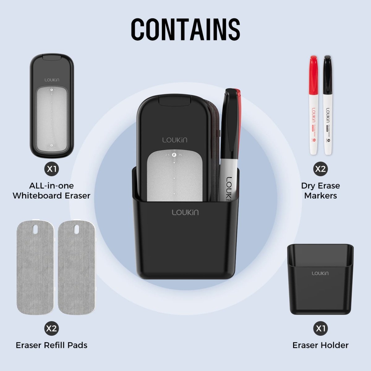 loukin W3543K All-in-One Whiteboard Eraser Kit Contents. The kit contains (x1) All-in-One Whiteboard Eraser, (x2) Dry Erase Markers (red and black), (x2) Eraser Refill Pads, and (x1) Eraser Holder, with the assembled product shown centrally in the holder with a red marker.