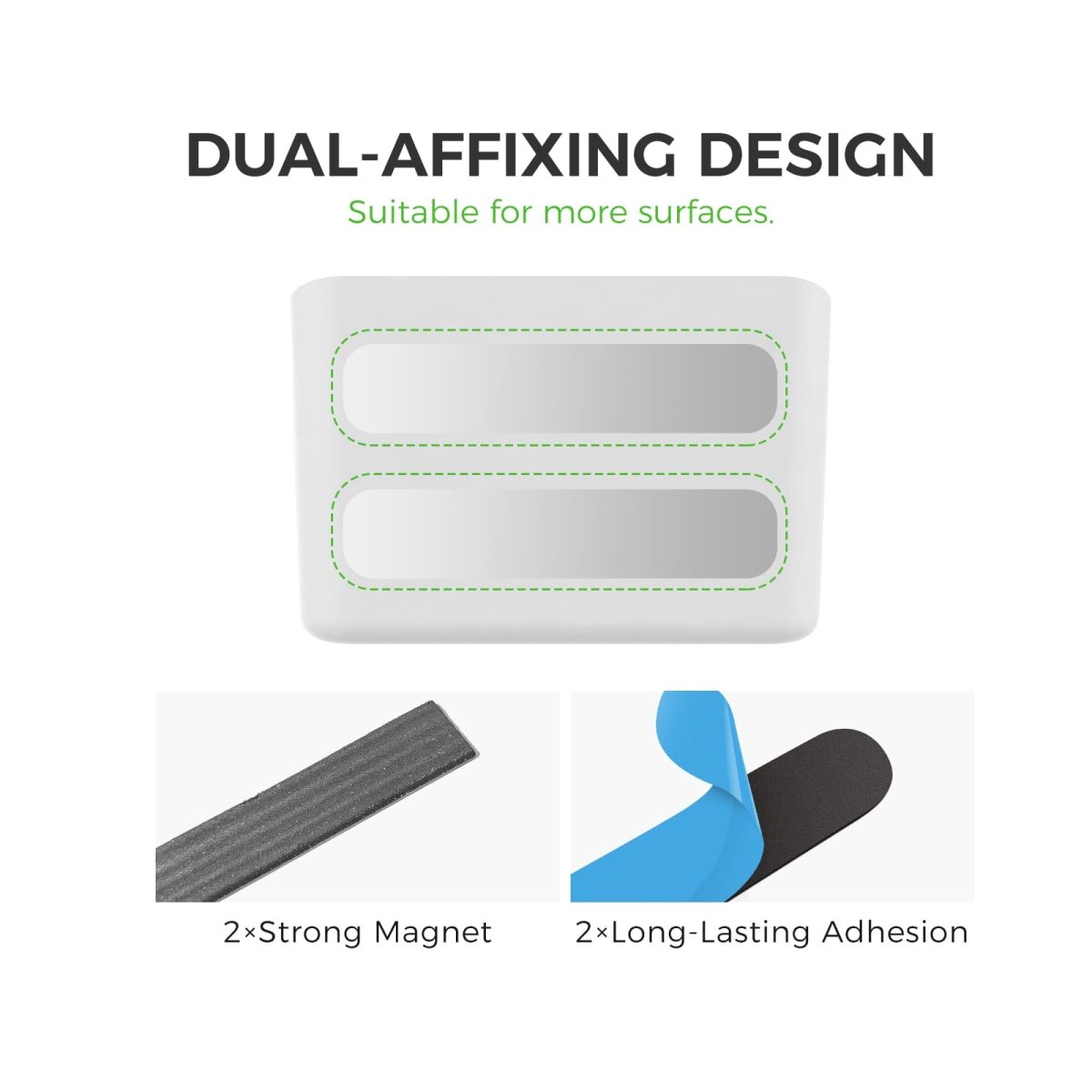 loukin W4101K MarkerHolderSmall DUAL-AFFIXING DESIGN feature, suitable for more surfaces. The graphic shows the two included accessory options: 2x Strong Magnet for magnetic surfaces and 2x Long-Lasting Adhesion (adhesive strips) for smooth, non-magnetic surfaces, highlighting its versatile mounting capability.