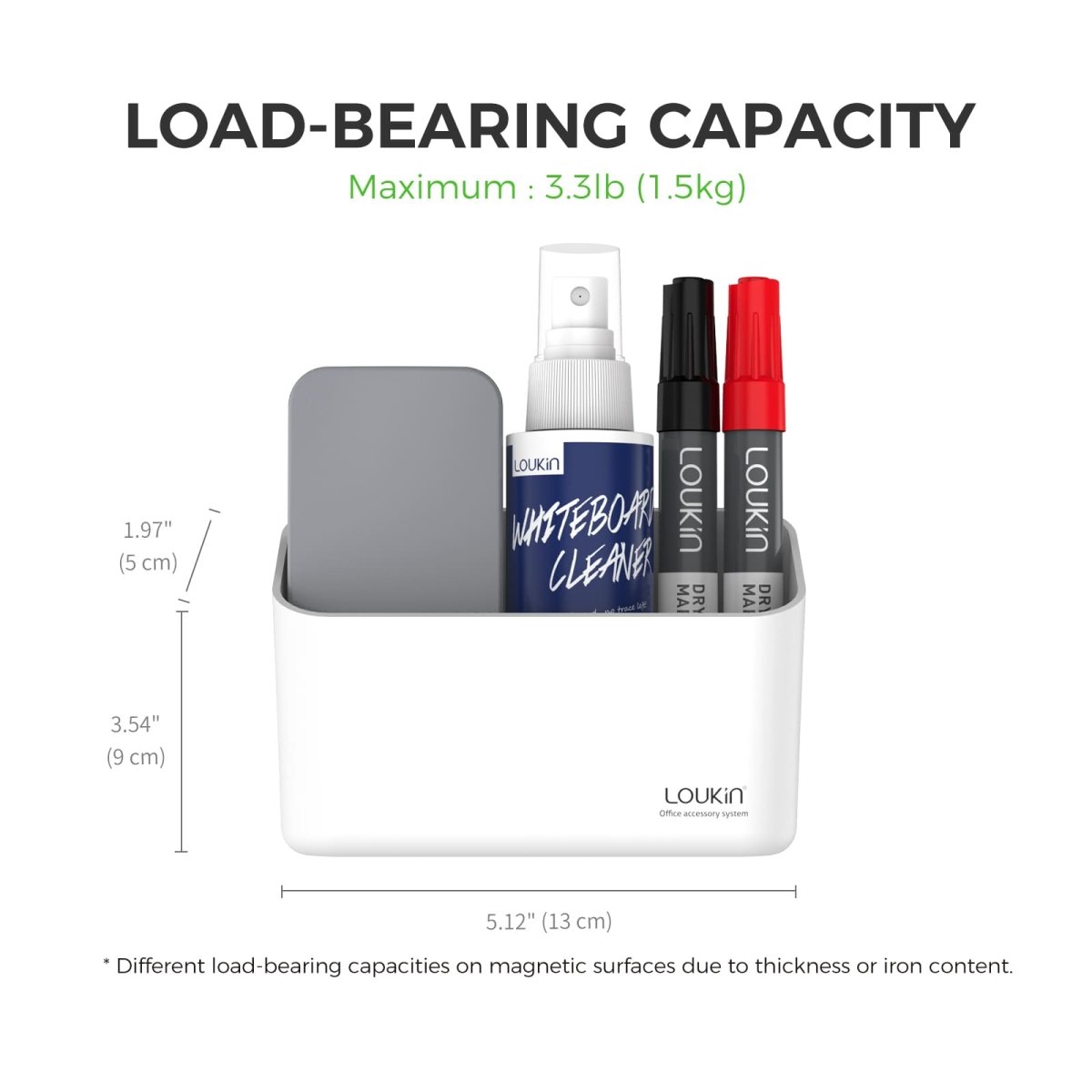 loukin W4101K Small Marker Holder in white showing LOAD-BEARING CAPACITY and dimensions. Dimensions shown are 5.12" (13 cm) wide, 3.54" (9 cm) total height, and 1.97" (5 cm) front height. The maximum load capacity is 3.3lb (1.5kg), with a note that load-bearing capacity may vary on magnetic surfaces.