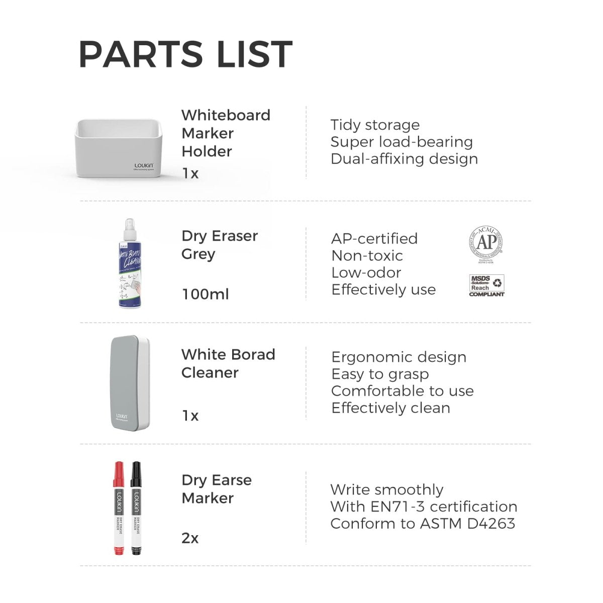 loukin W4101K Small Marker Holder Set parts list. Includes 1x Whiteboard Marker Holder (white) with dual-affixing design, 100ml Dry Eraser Cleaner (grey/purple bottle), 1x White Board Cleaner (eraser), and 2x Dry Erase Markers (red and black).