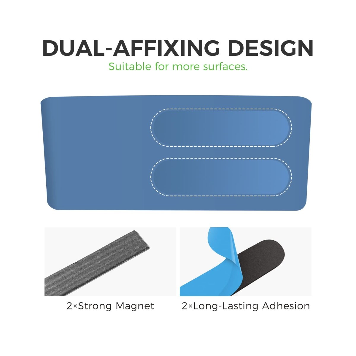 loukin W4102 MarkerHolderBig feature image highlighting the DUAL-AFFIXING DESIGN (Suitable for more surfaces). The graphic shows the two included accessory options: 2x Strong Magnet for metal surfaces and 2x Long-Lasting Adhesion (adhesive strips) for smooth, non-magnetic surfaces, demonstrating its versatile mounting capability.