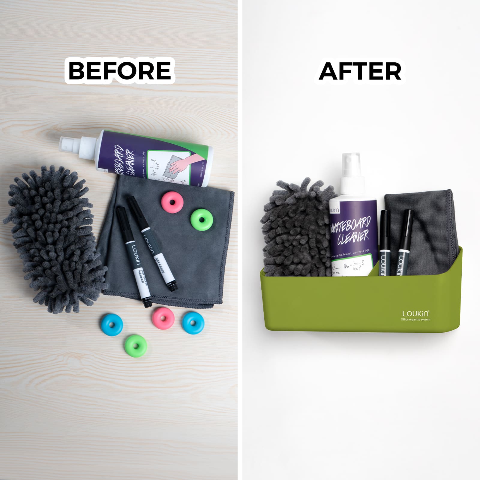 loukin W4102 MarkerHolderBig Before and After comparison image. The "Before" section shows messy whiteboard accessories (cleaner spray, marker eraser glove, markers, magnets) scattered on a light wooden surface. The "After" section shows the same items neatly organized and stored inside the lime green magnetic holder, demonstrating the holder's function for vertical storage and decluttering.