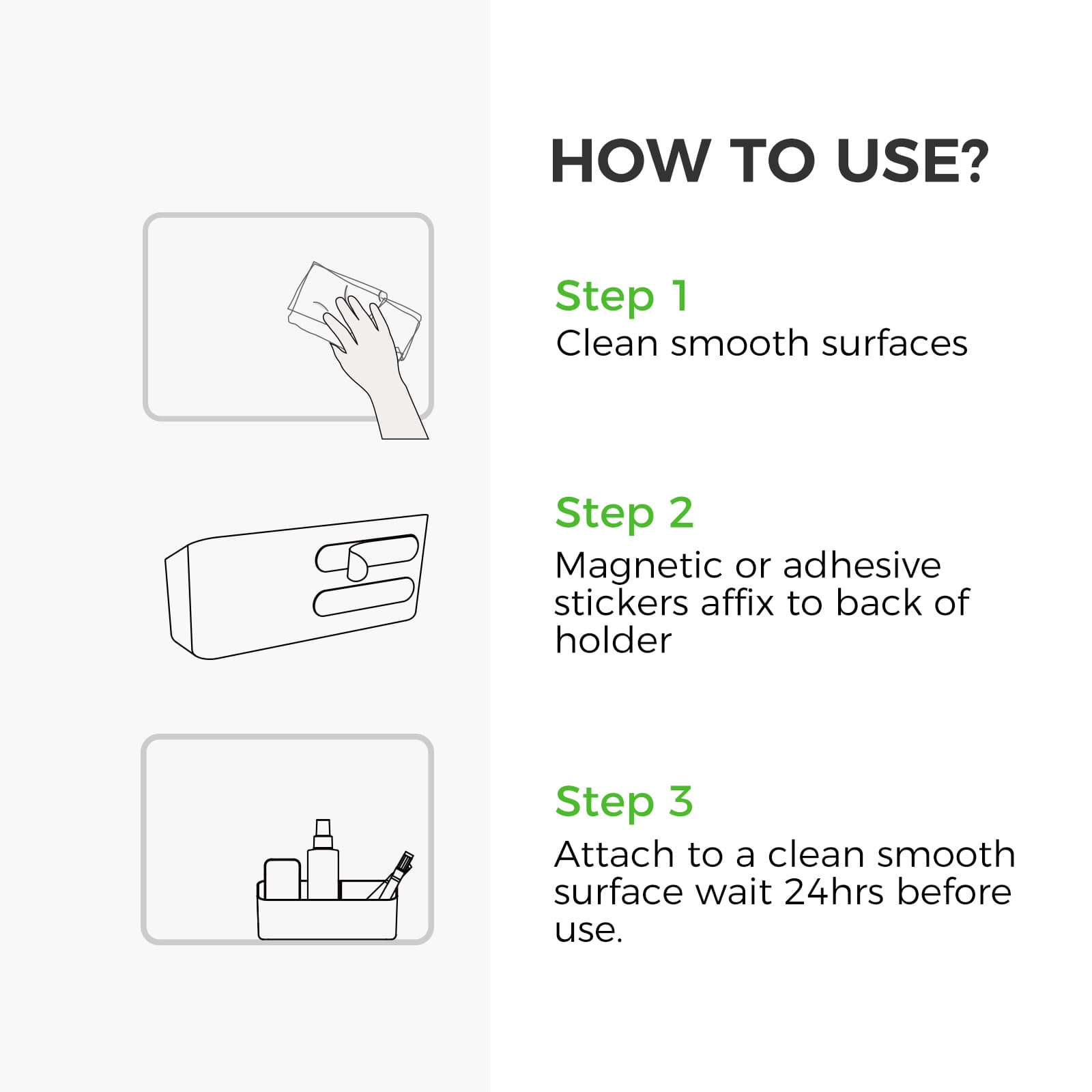 loukin W4102 MarkerHolderBig How To Use guide showing the three-step installation process. Step 1: Clean smooth surfaces. Step 2: Magnetic or adhesive stickers affix to the back of holder. Step 3: Attach to a clean smooth surface wait 24hrs before use.