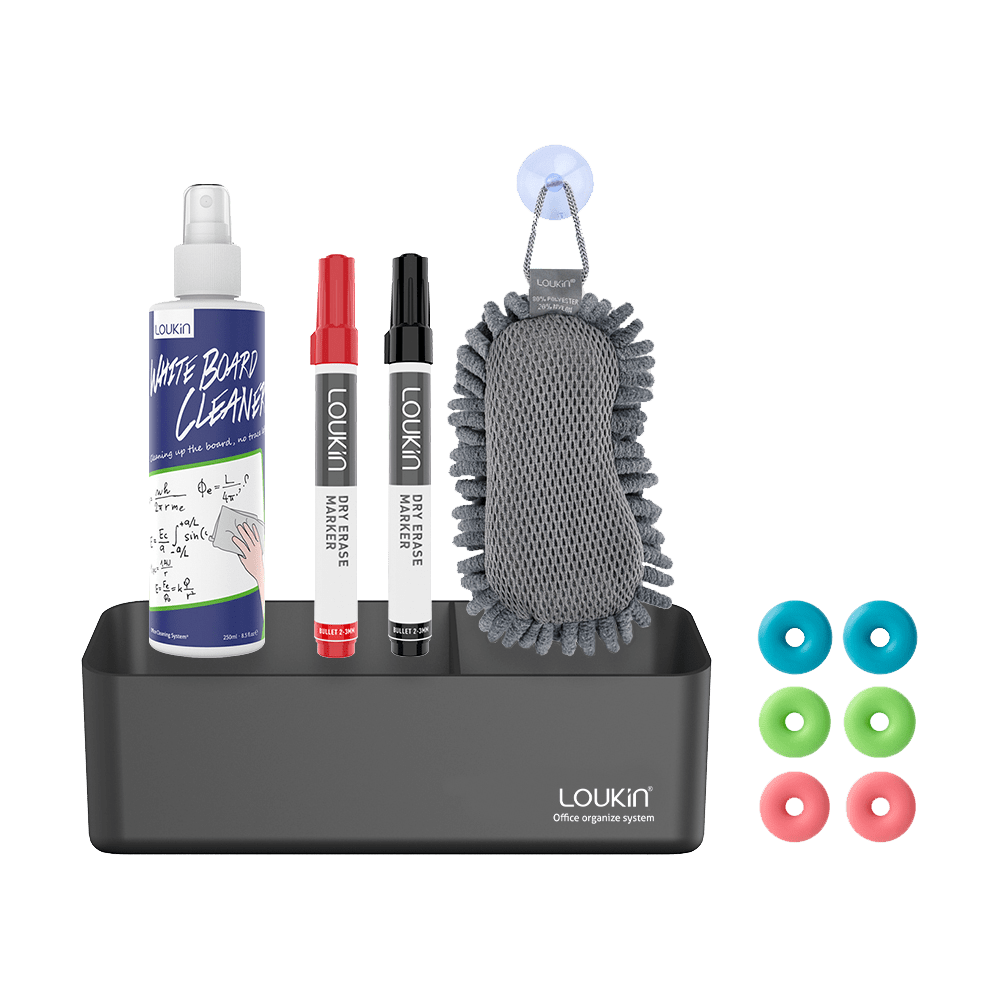 Main product image of the Loukin Big Marker Holder Set (W4102K) in Black. The complete kit includes the black dual-compartment marker holder, a bottle of whiteboard cleaner (250ml), two dry-erase markers (red and black), a magnetic microfiber cleaning eraser/cloth, and six colorful magnetic pushpins. The components are neatly arranged on a checkerboard background.