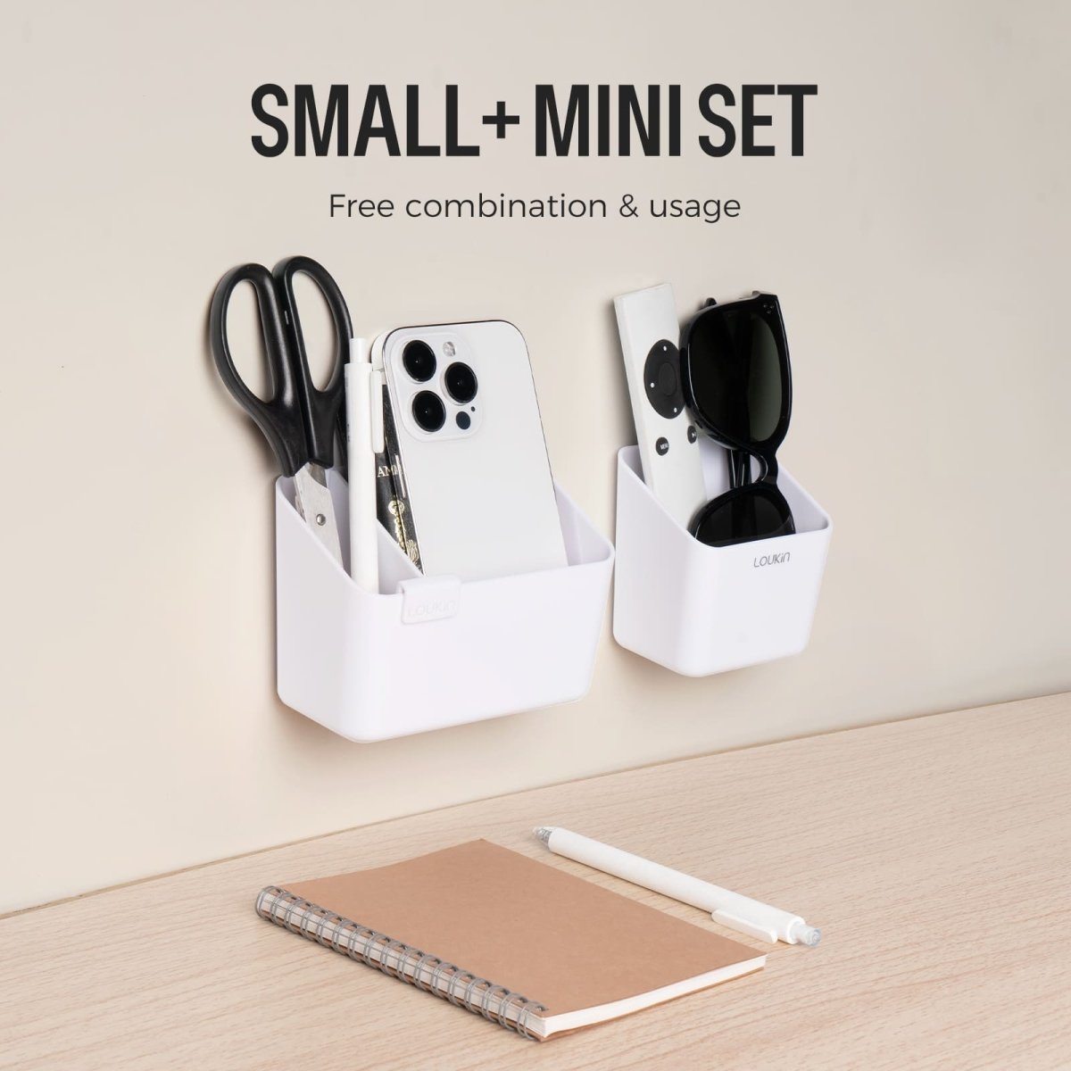 Feature image detailing the "Dual-Affixing Design" of the Loukin Duo Magnetic & Adhesive Organizer Set (W4121K), making it "Suitable for more surfaces". The image shows two attachment methods: "Long-Lasting Adhesion" with a red peel-off backing, suitable for all smooth surfaces; and a "Strong Magnet" backing, suitable for surfaces containing iron. The top panel shows the back of an organizer with the stitched outline of the magnet/adhesive.